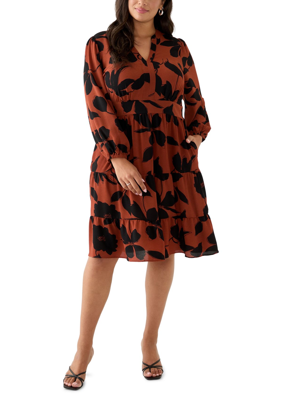 Plus Size Long Sleeve Floral Midi Dress