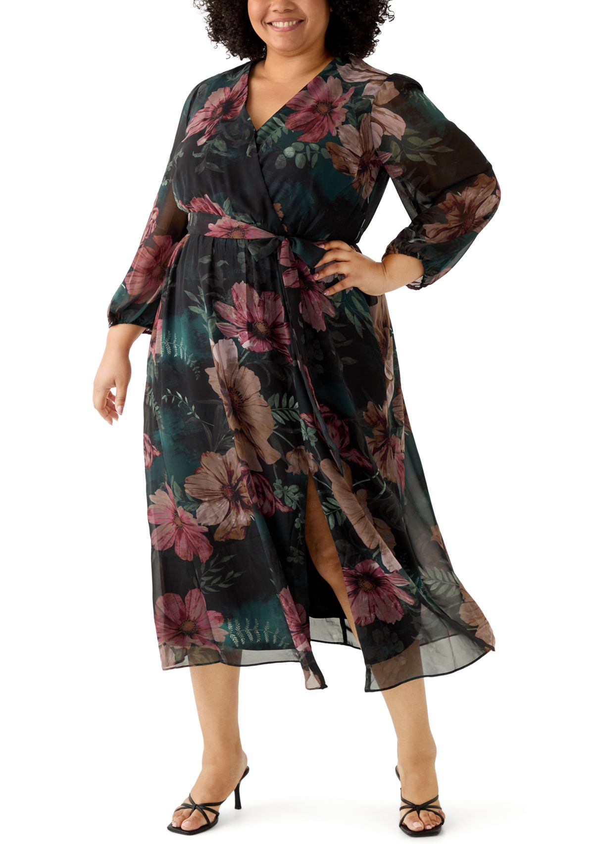 Plus Size Long Sleeve Floral Midi Dress