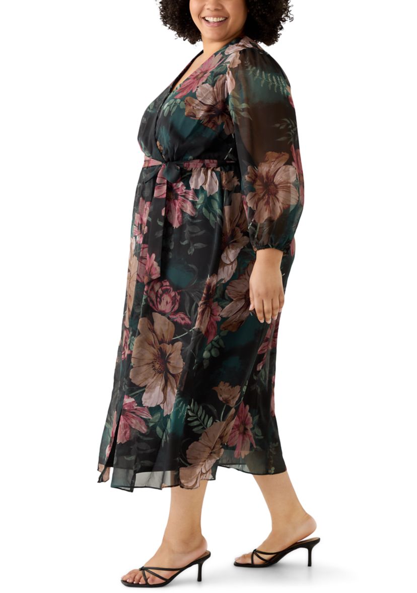 Plus Size Long Sleeve Floral Midi Dress