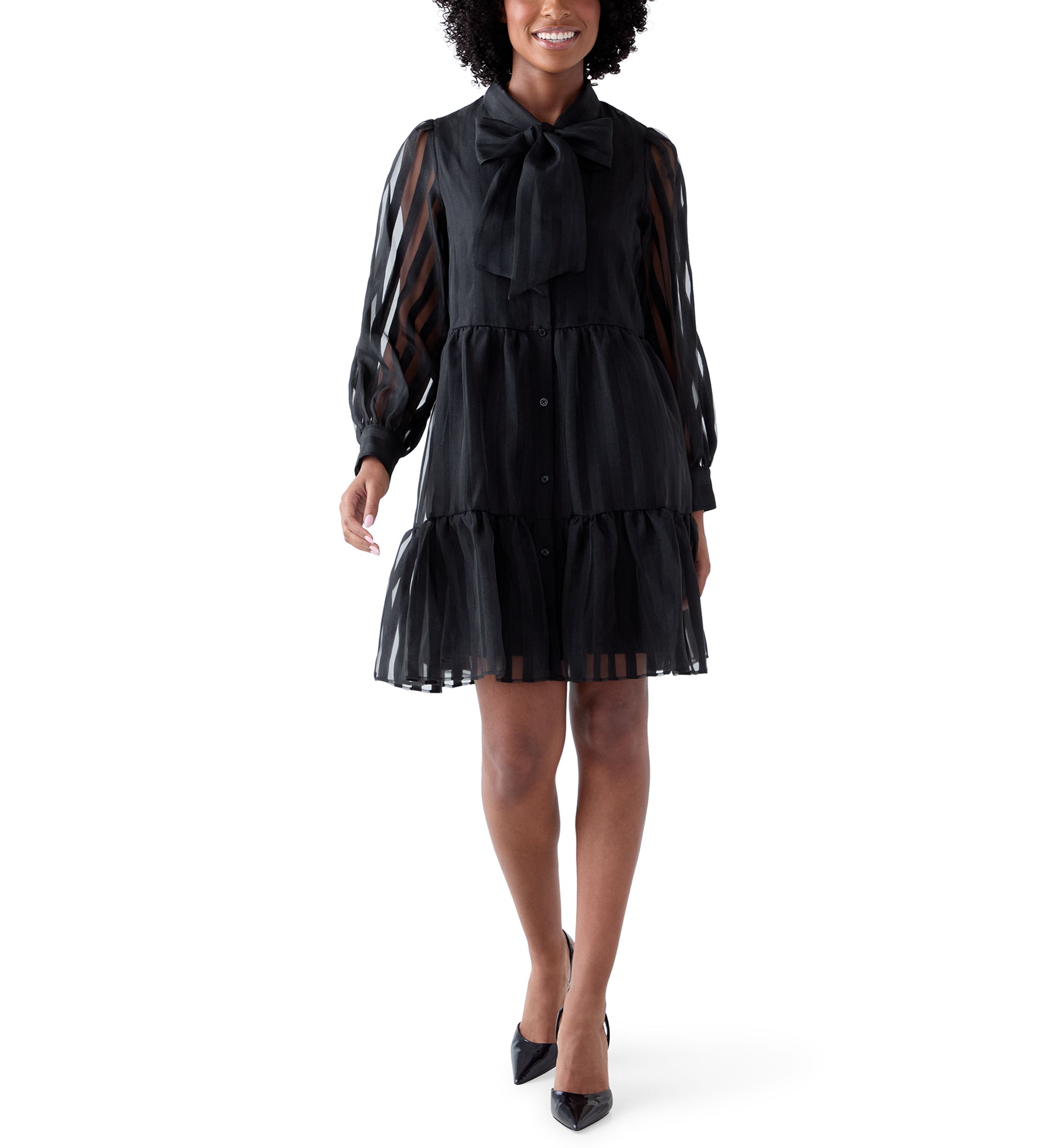 Womens Long Sleeve Bow Mock Neck Organza Dress