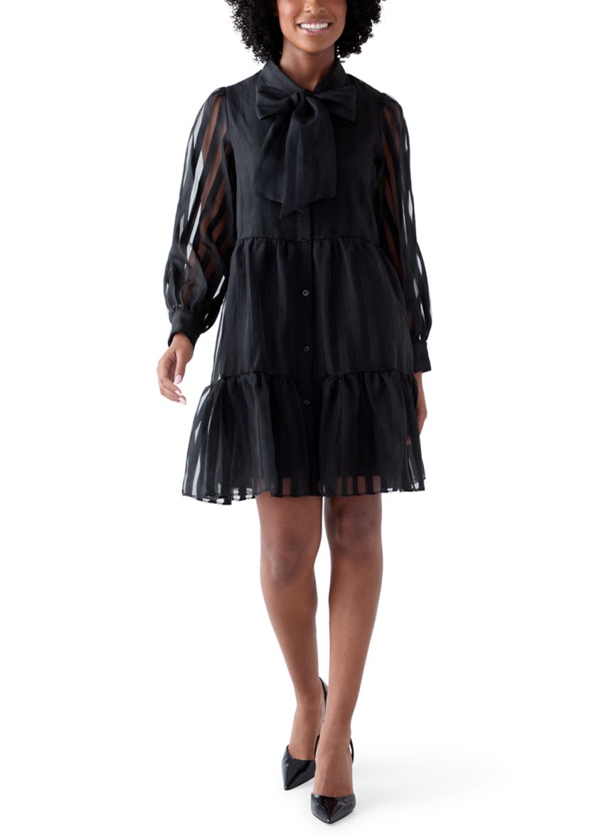 Womens Long Sleeve Bow Mock Neck Organza Dress