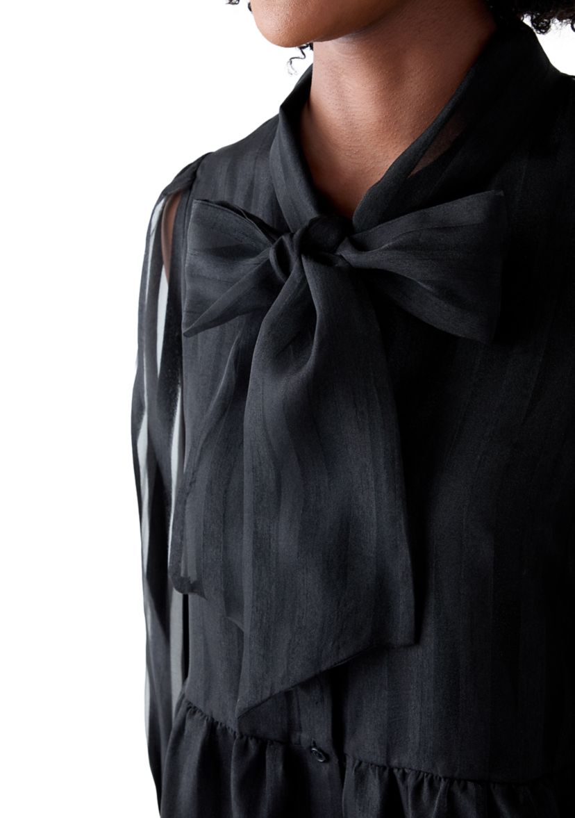 Womens Long Sleeve Bow Mock Neck Organza Dress