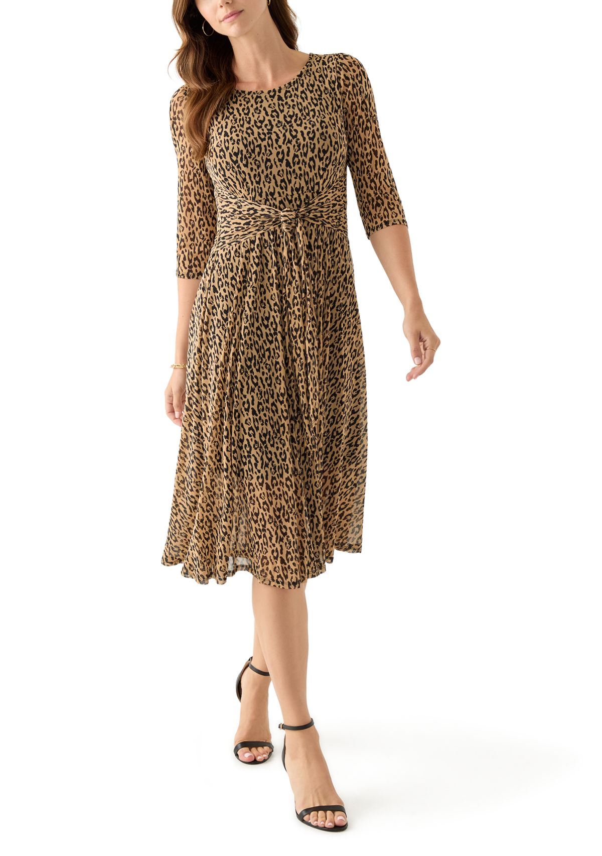 Womens 3/4 Sleeve Mock Neck Animal Print Mesh Dress