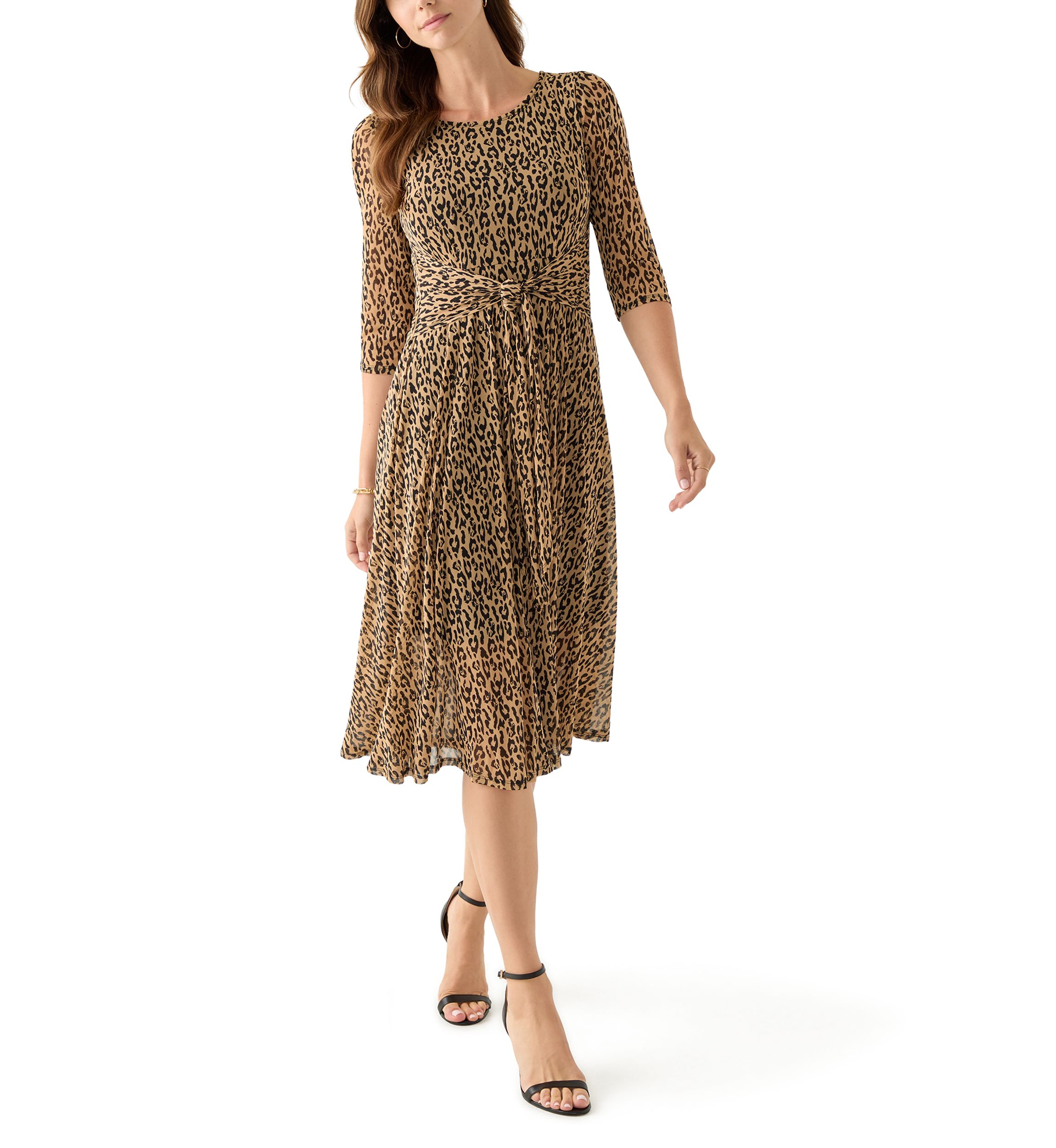 Womens 3/4 Sleeve Mock Neck Animal Print Mesh Dress