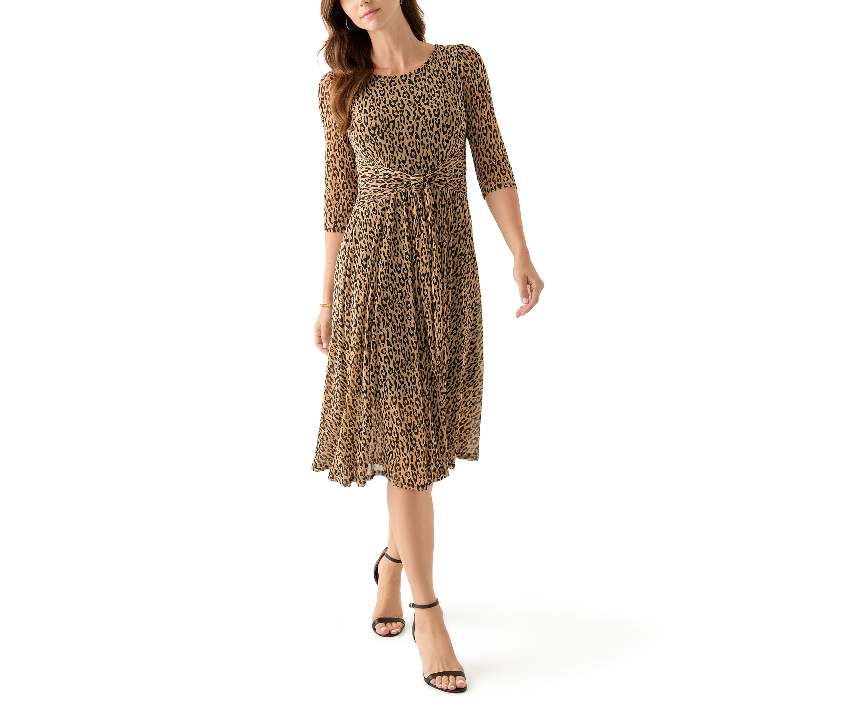 Womens 3/4 Sleeve Mock Neck Animal Print Mesh Dress