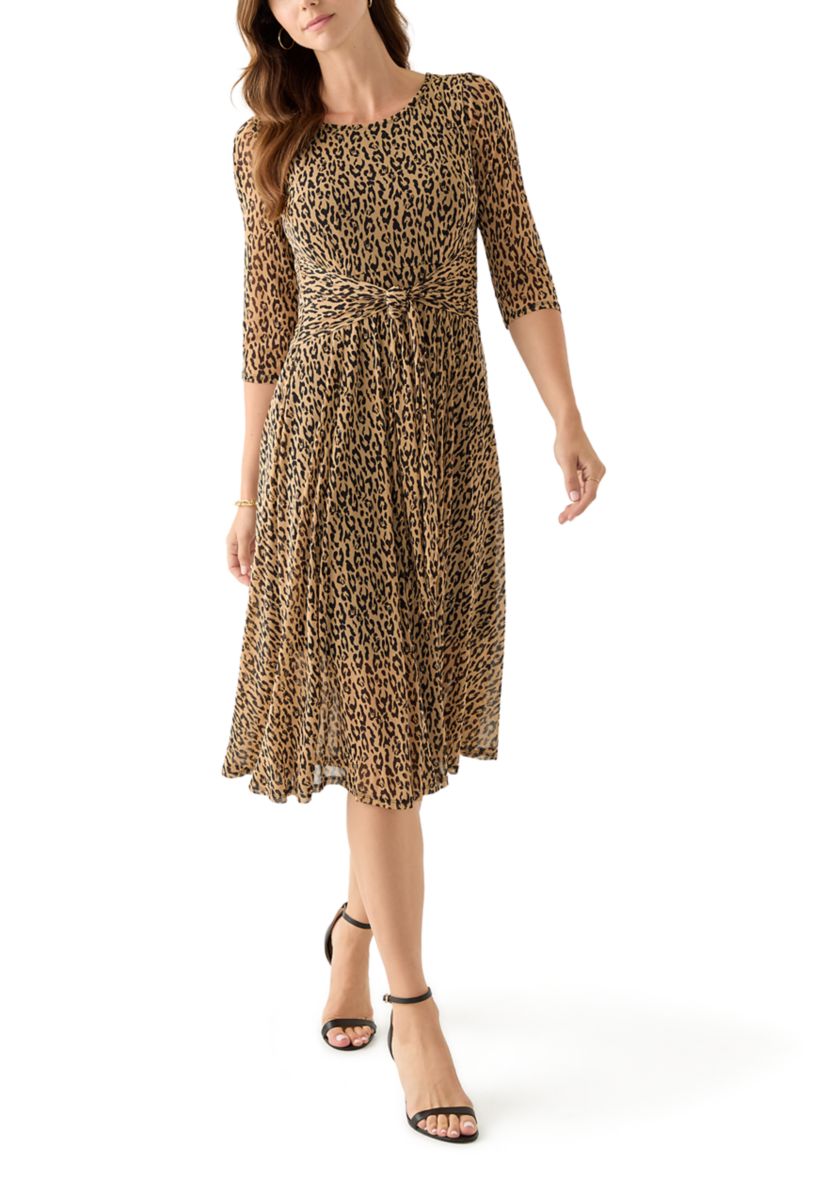 Womens 3/4 Sleeve Mock Neck Animal Print Mesh Dress