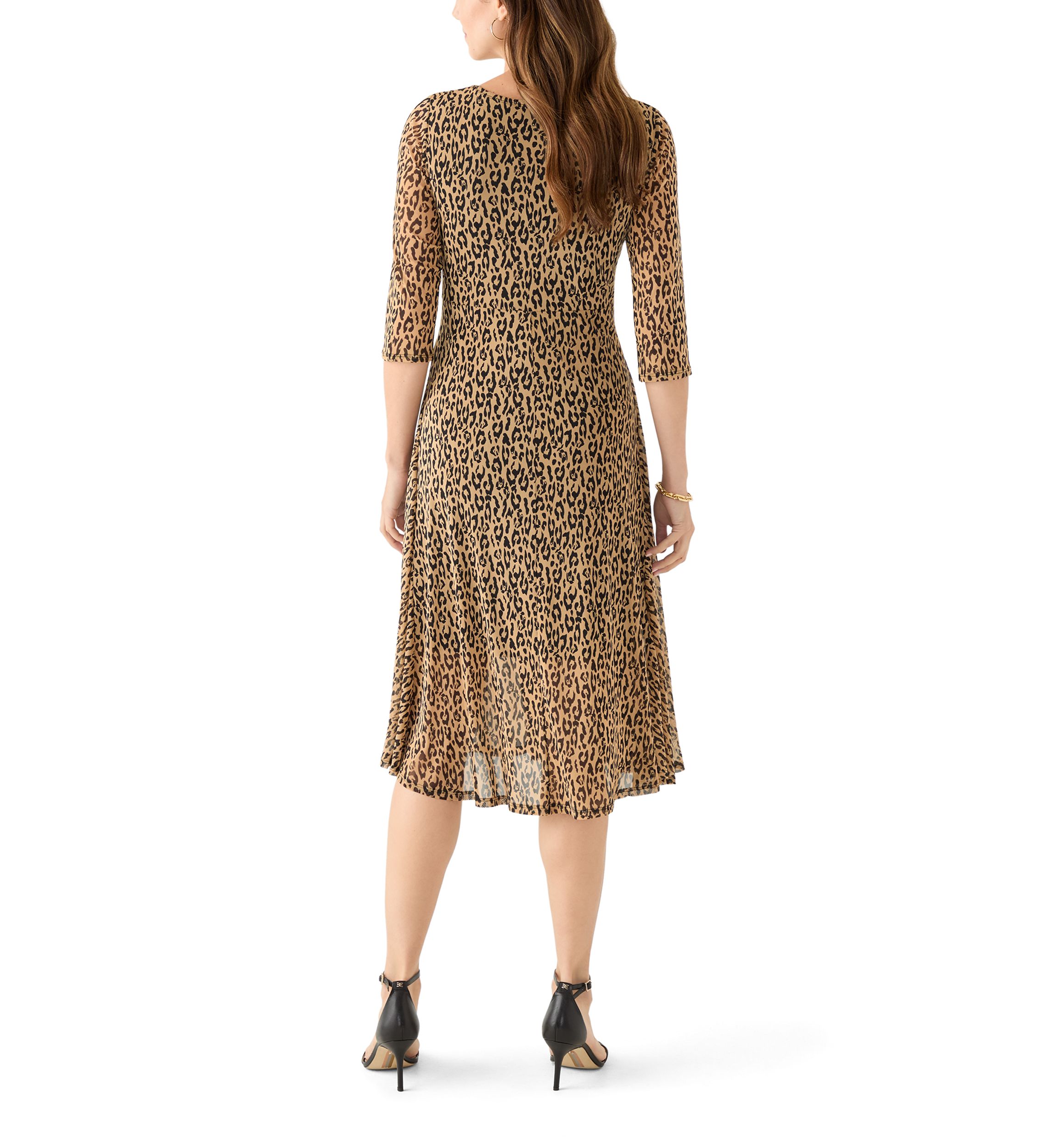 Womens 3/4 Sleeve Mock Neck Animal Print Mesh Dress