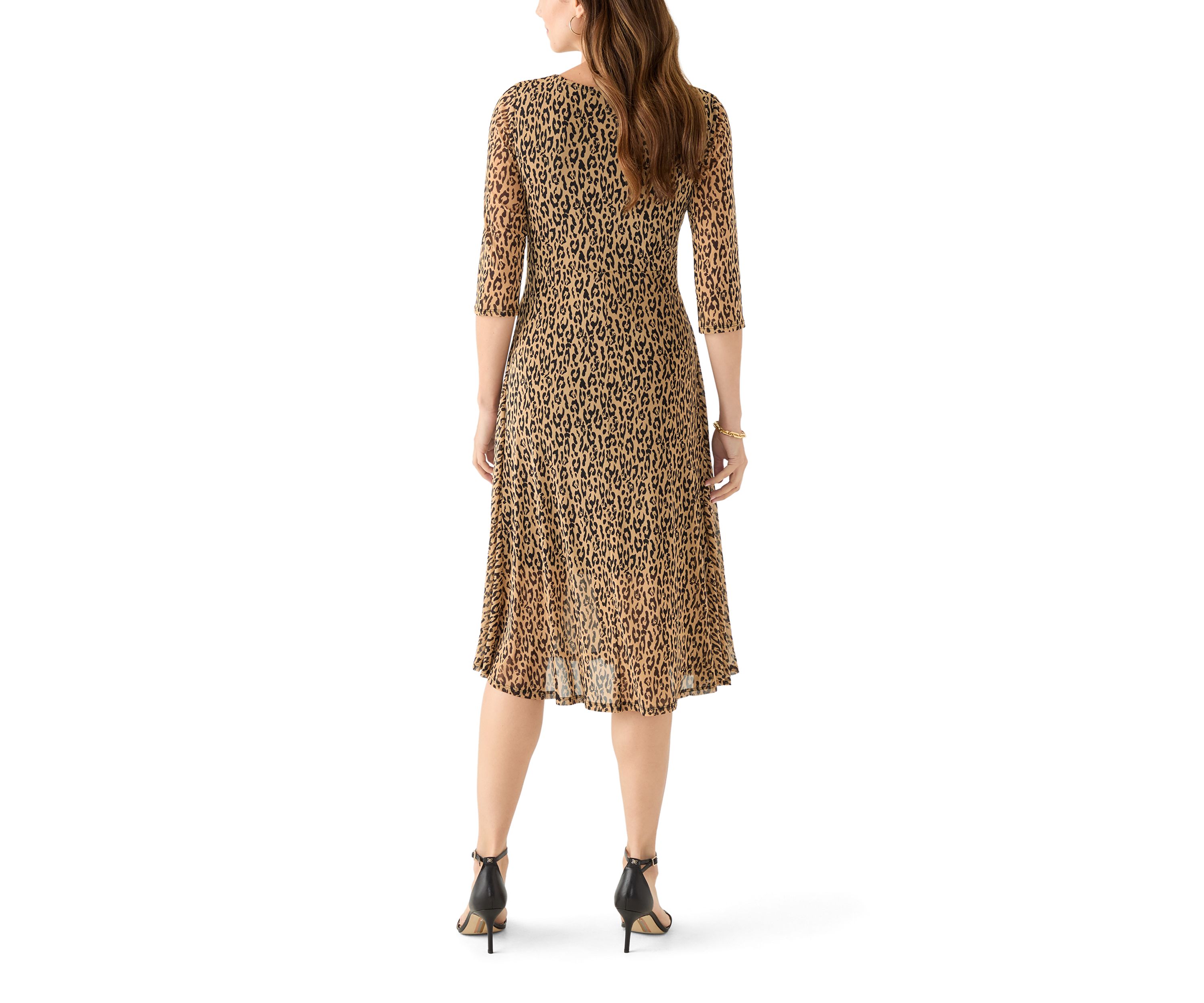 Womens 3/4 Sleeve Mock Neck Animal Print Mesh Dress