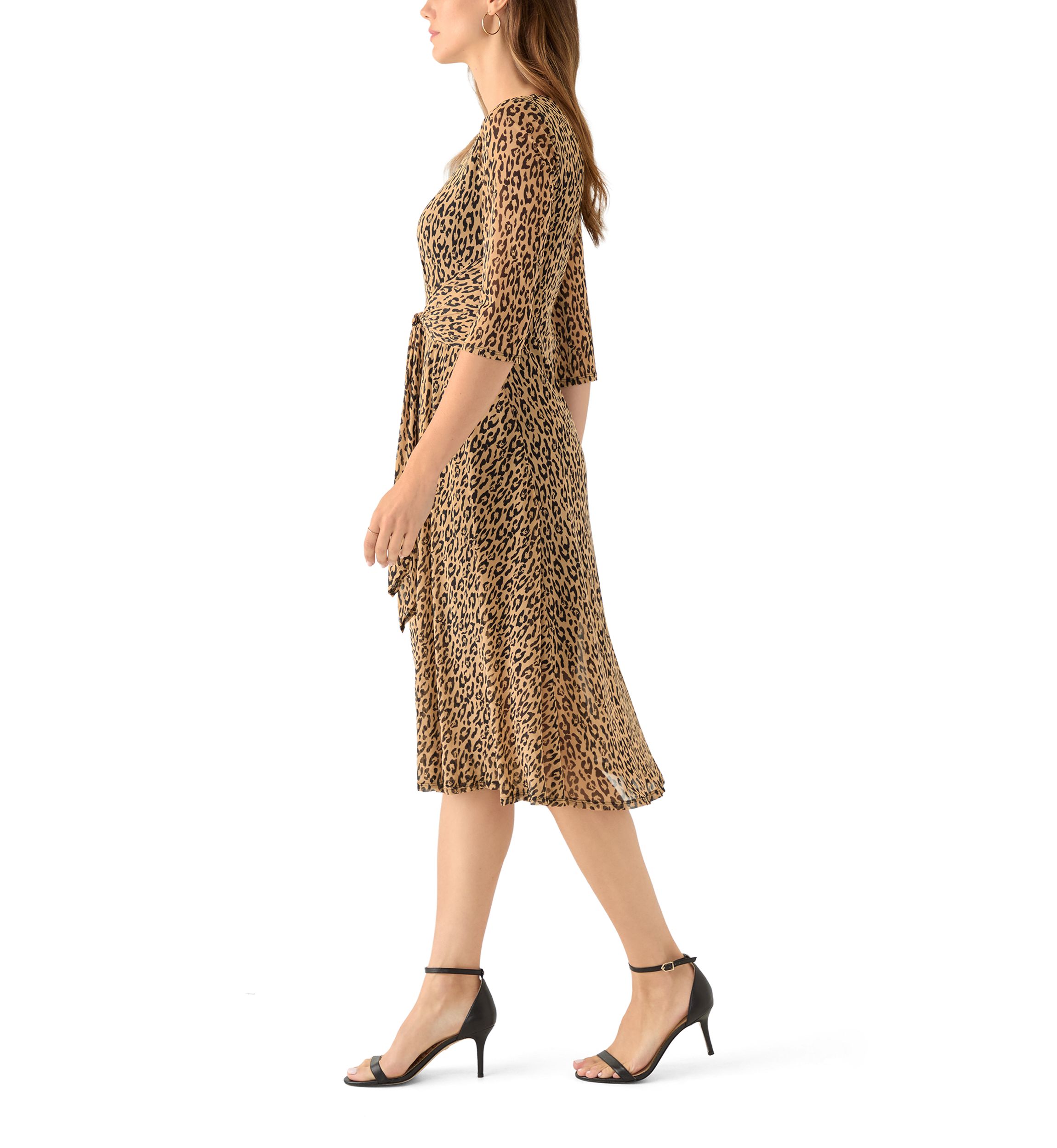 Womens 3/4 Sleeve Mock Neck Animal Print Mesh Dress