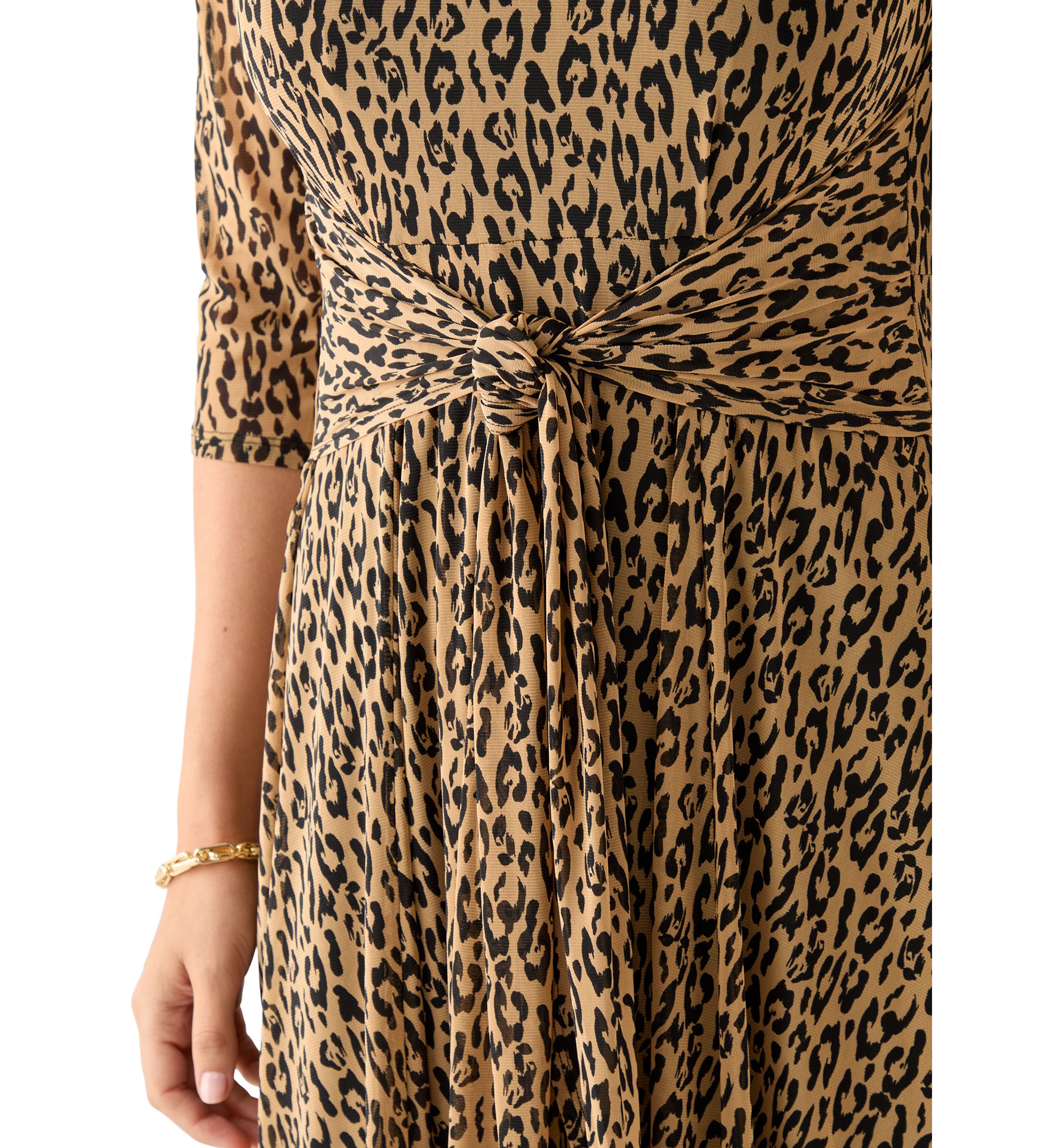 Womens 3/4 Sleeve Mock Neck Animal Print Mesh Dress