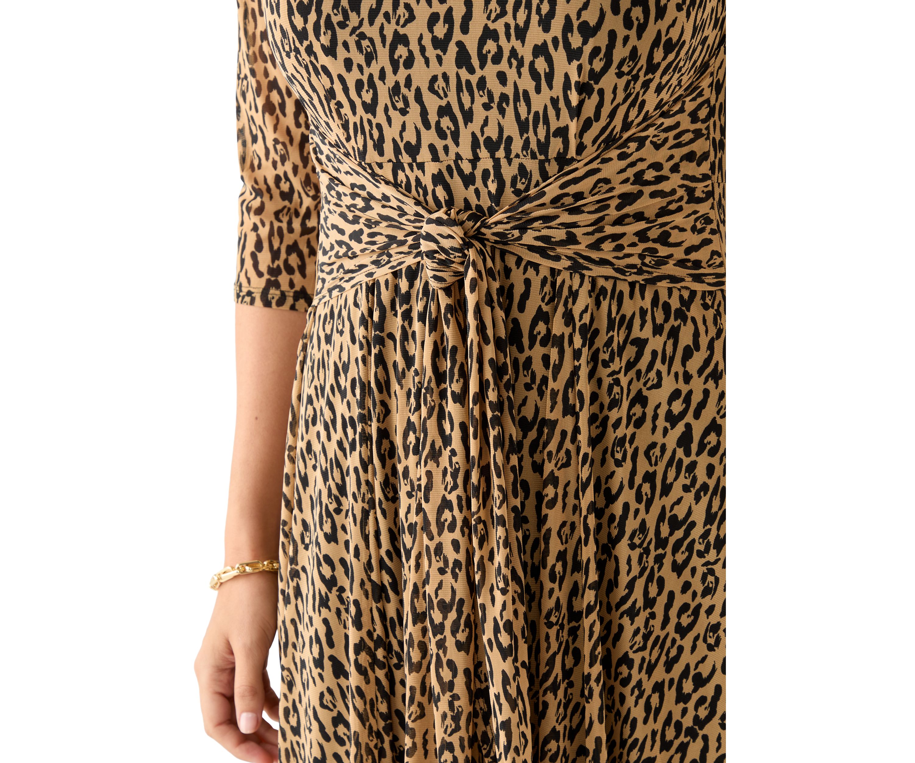 Womens 3/4 Sleeve Mock Neck Animal Print Mesh Dress