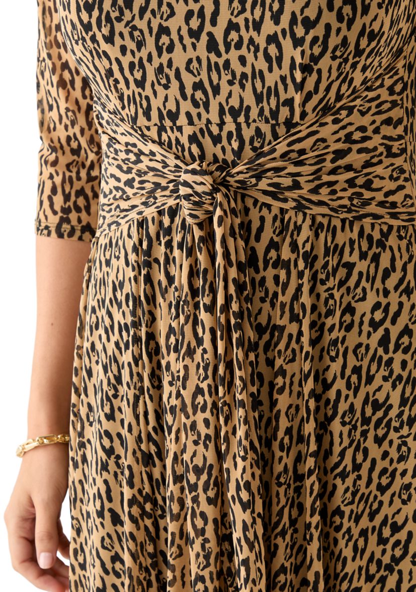 Womens 3/4 Sleeve Mock Neck Animal Print Mesh Dress