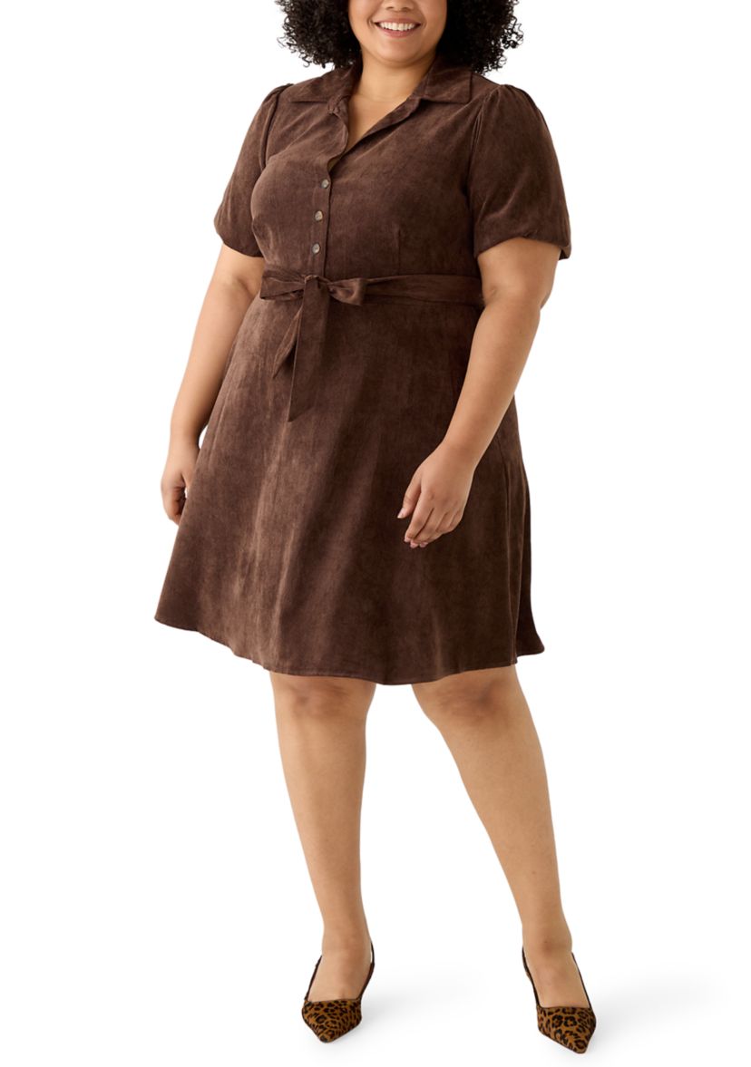 Plus Size Short Puff Sleeve Corduroy A-Line Dress