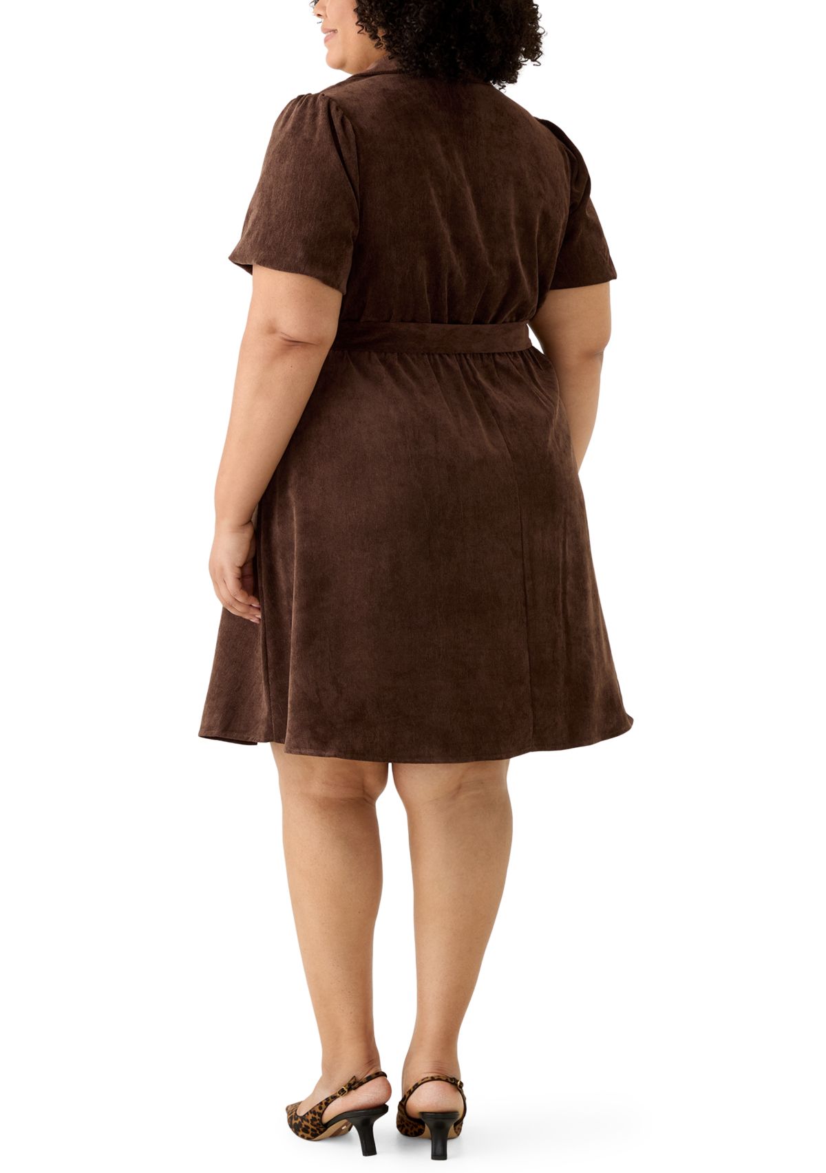Plus Size Short Puff Sleeve Corduroy A-Line Dress
