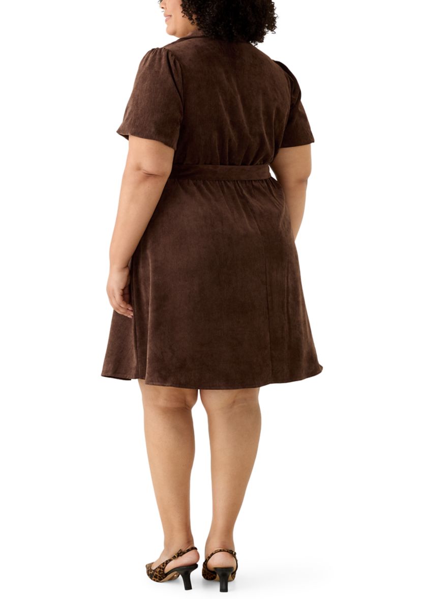 Plus Size Short Puff Sleeve Corduroy A-Line Dress