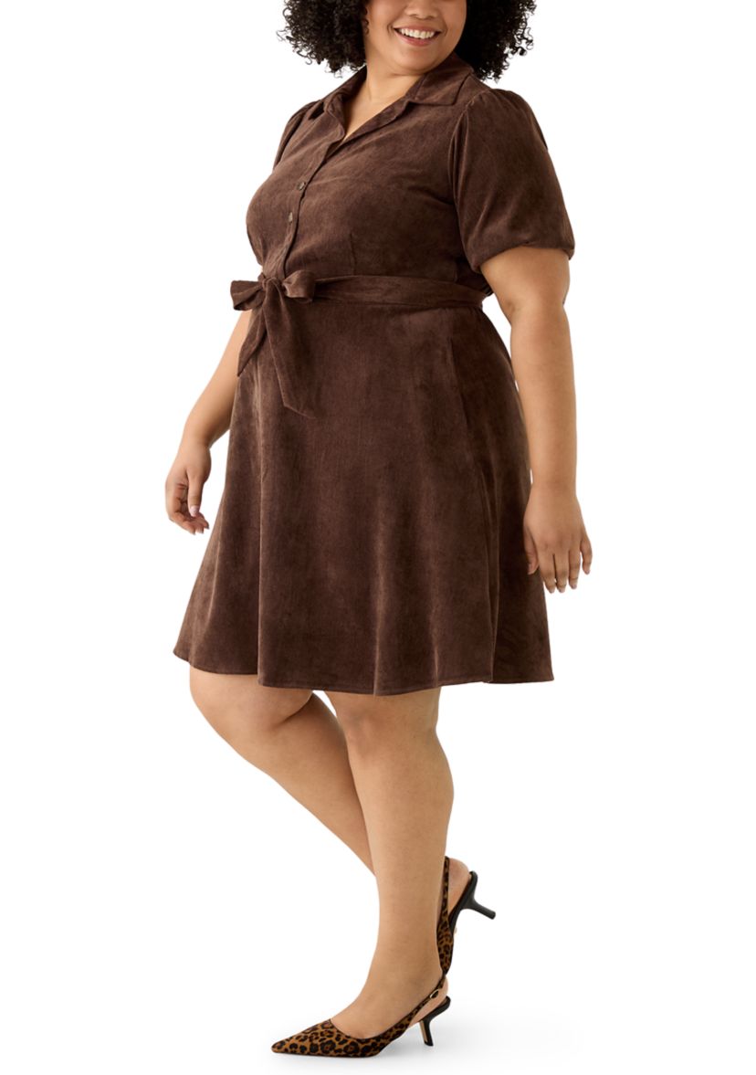 Plus Size Short Puff Sleeve Corduroy A-Line Dress
