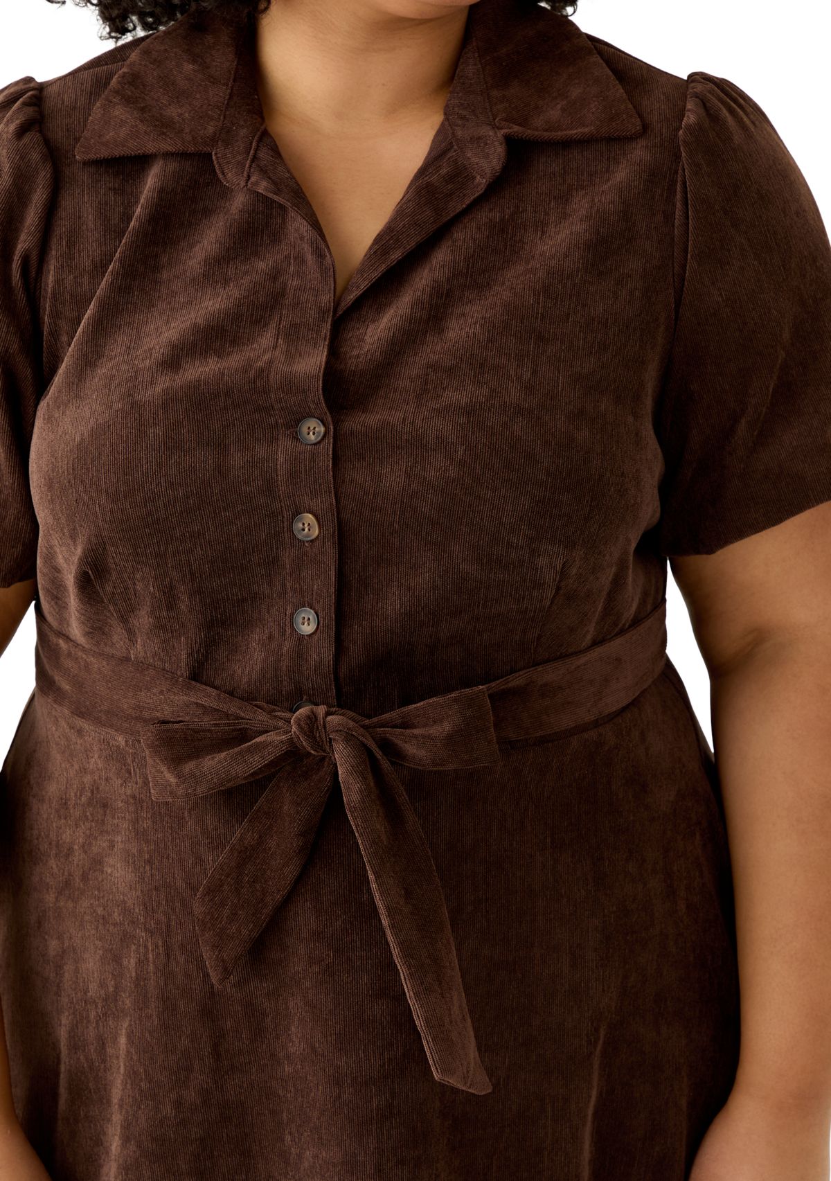 Plus Size Short Puff Sleeve Corduroy A-Line Dress