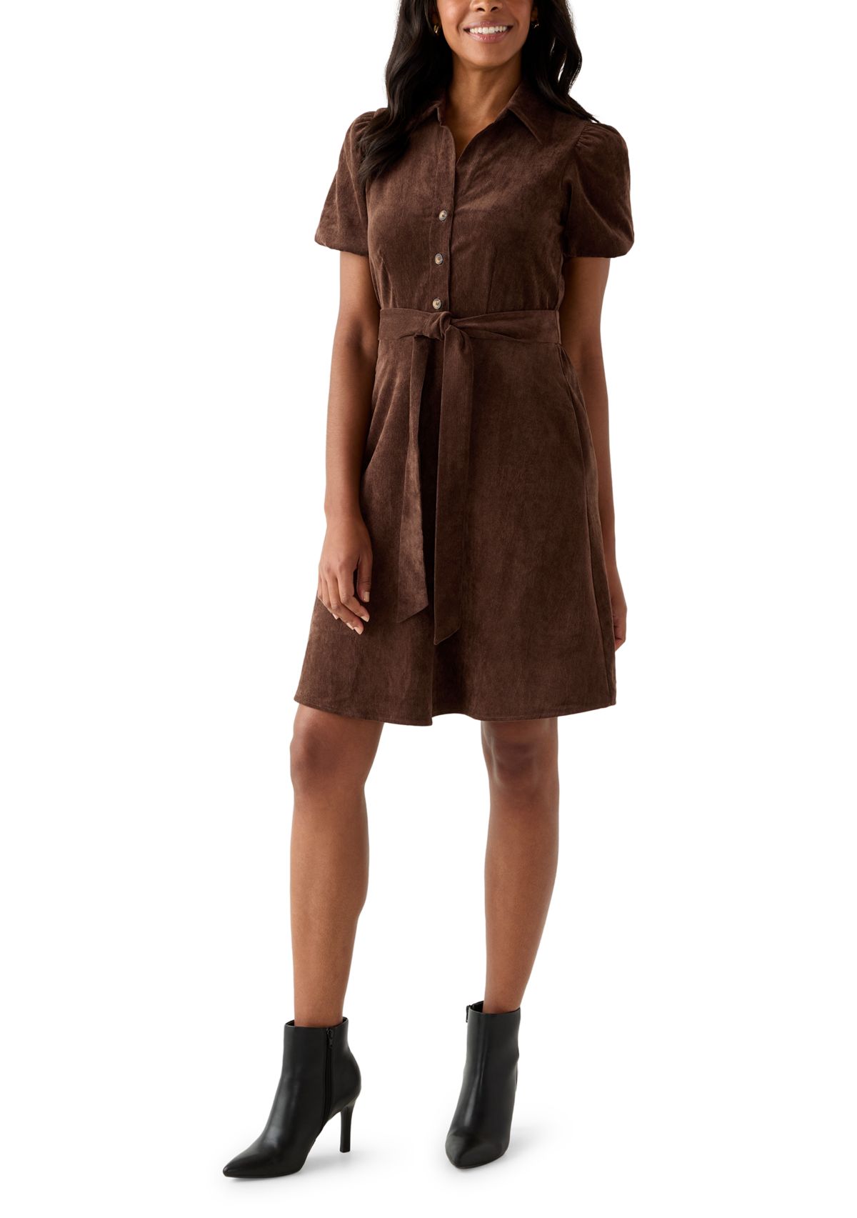 Womens Puff Sleeve Button Up Corduroy Midi Dress with Tie