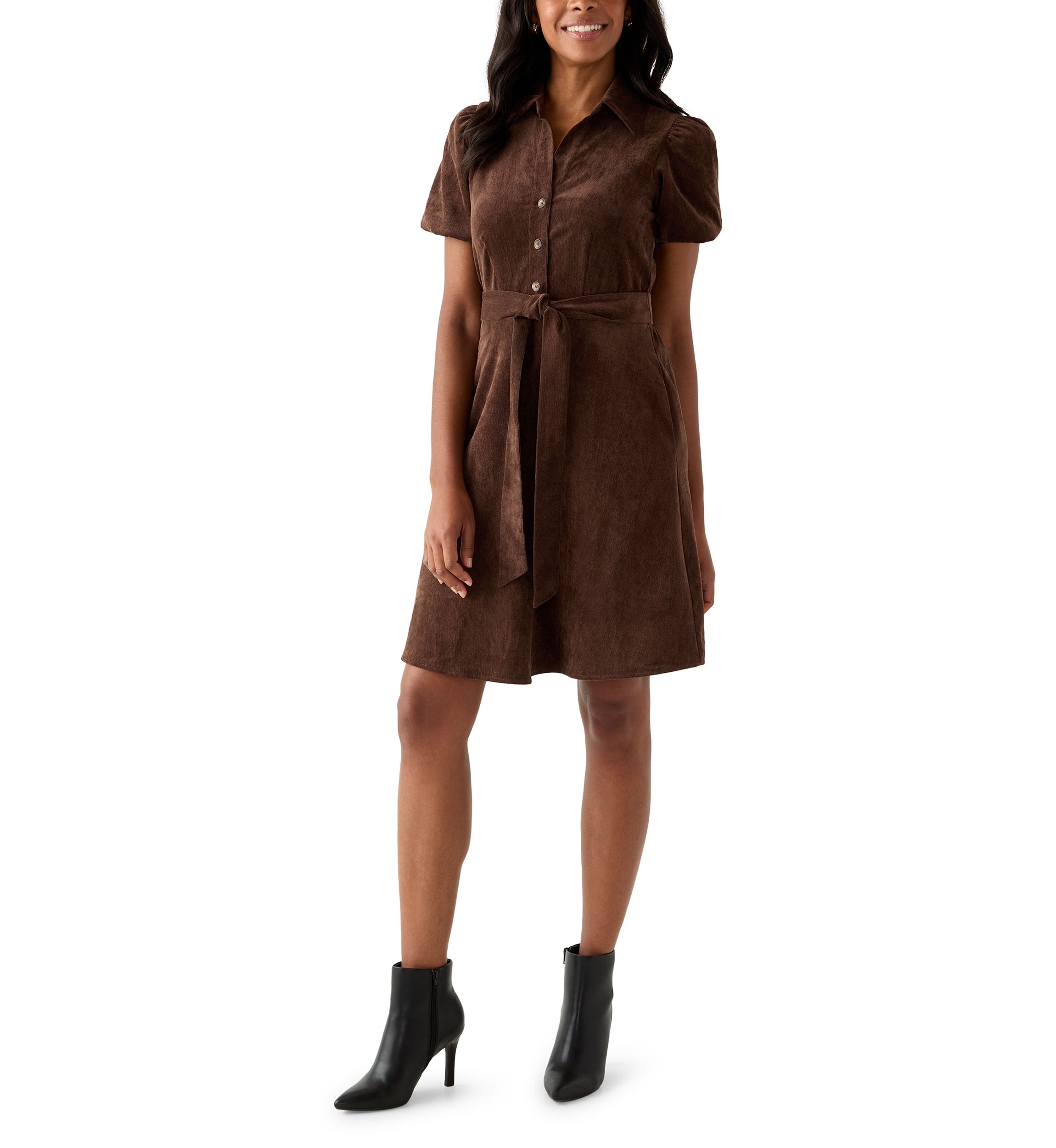 Womens Puff Sleeve Button Up Corduroy Midi Dress with Tie