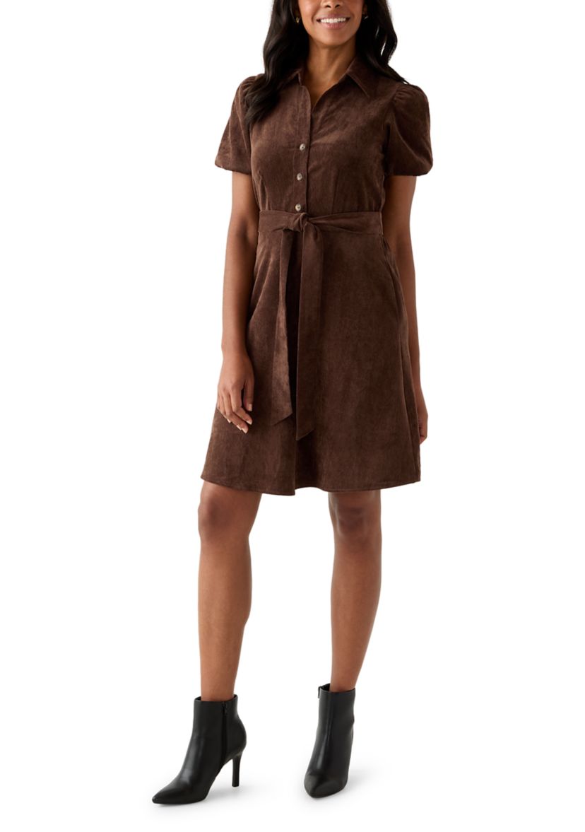 Womens Puff Sleeve Button Up Corduroy Midi Dress with Tie
