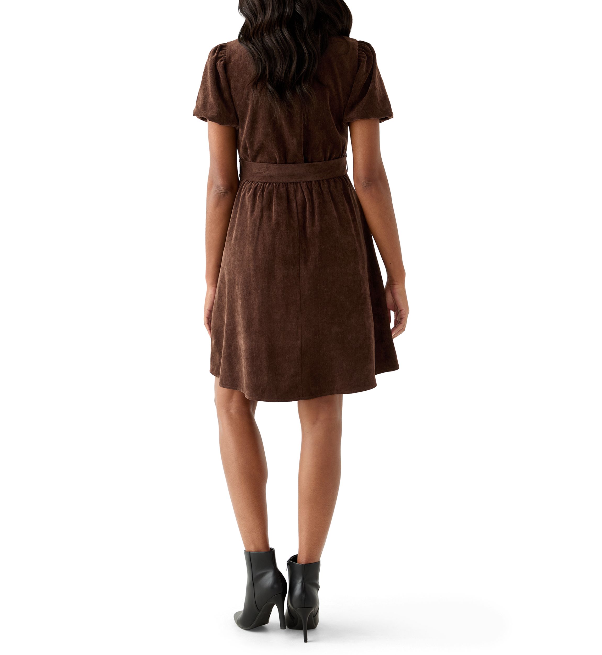 Womens Puff Sleeve Button Up Corduroy Midi Dress with Tie