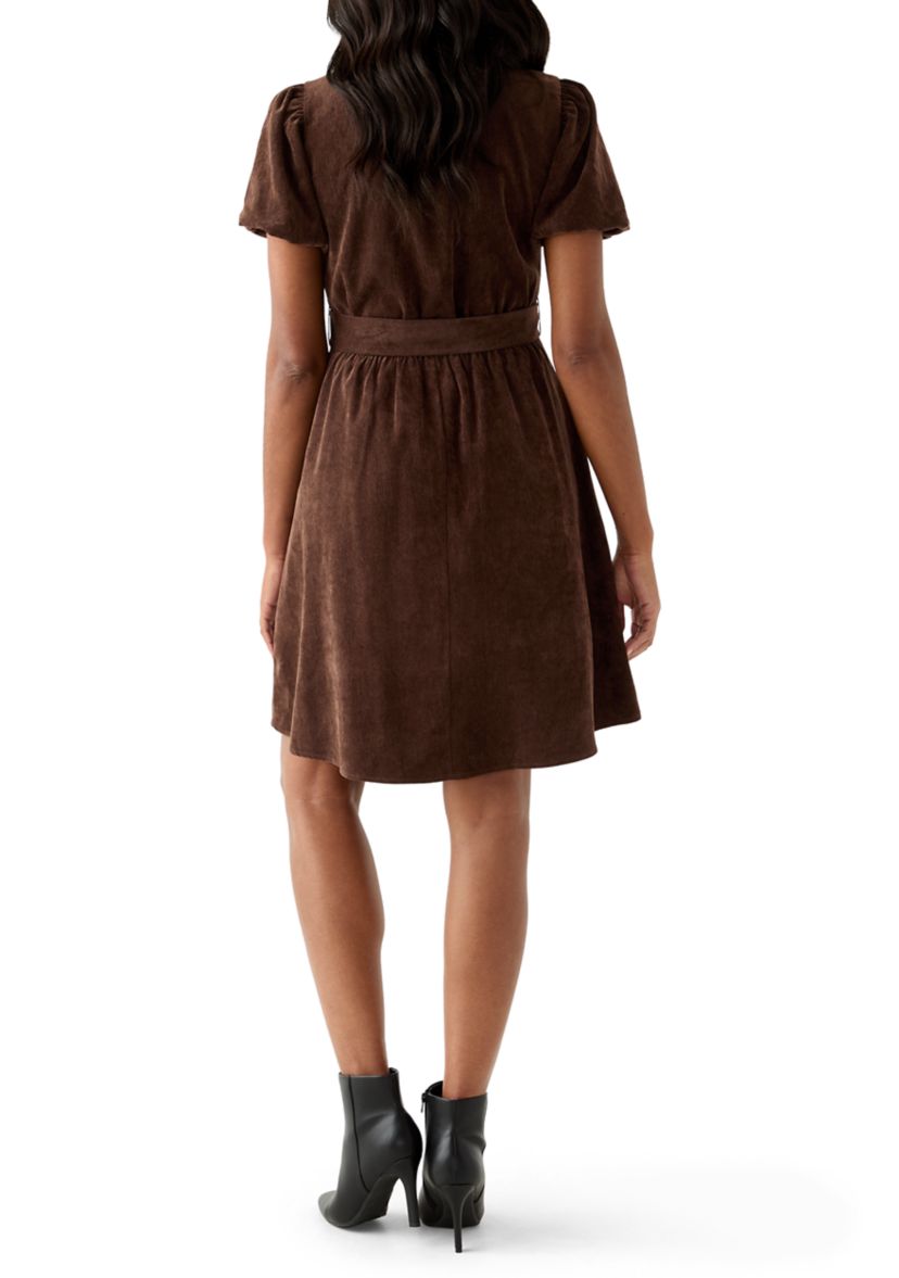 Womens Puff Sleeve Button Up Corduroy Midi Dress with Tie