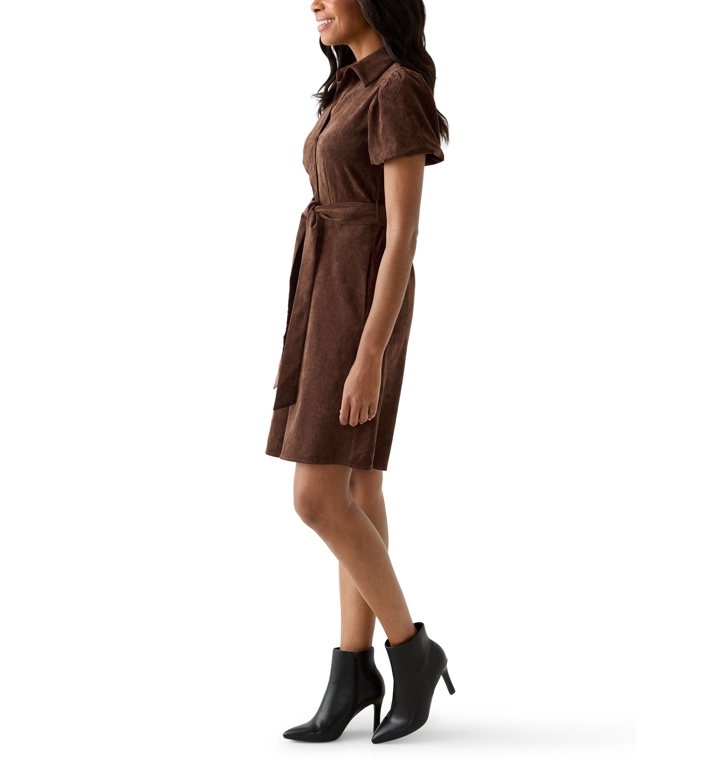 Womens Puff Sleeve Button Up Corduroy Midi Dress with Tie