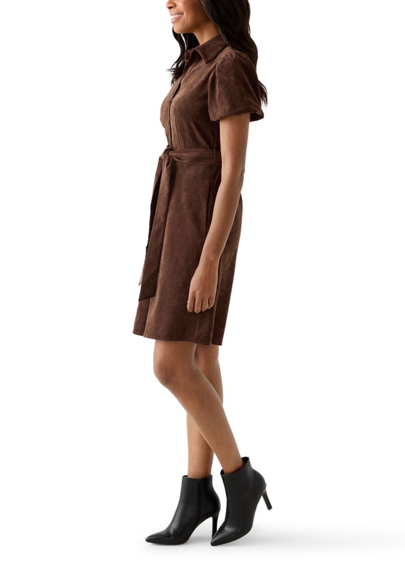 Womens Puff Sleeve Button Up Corduroy Midi Dress with Tie