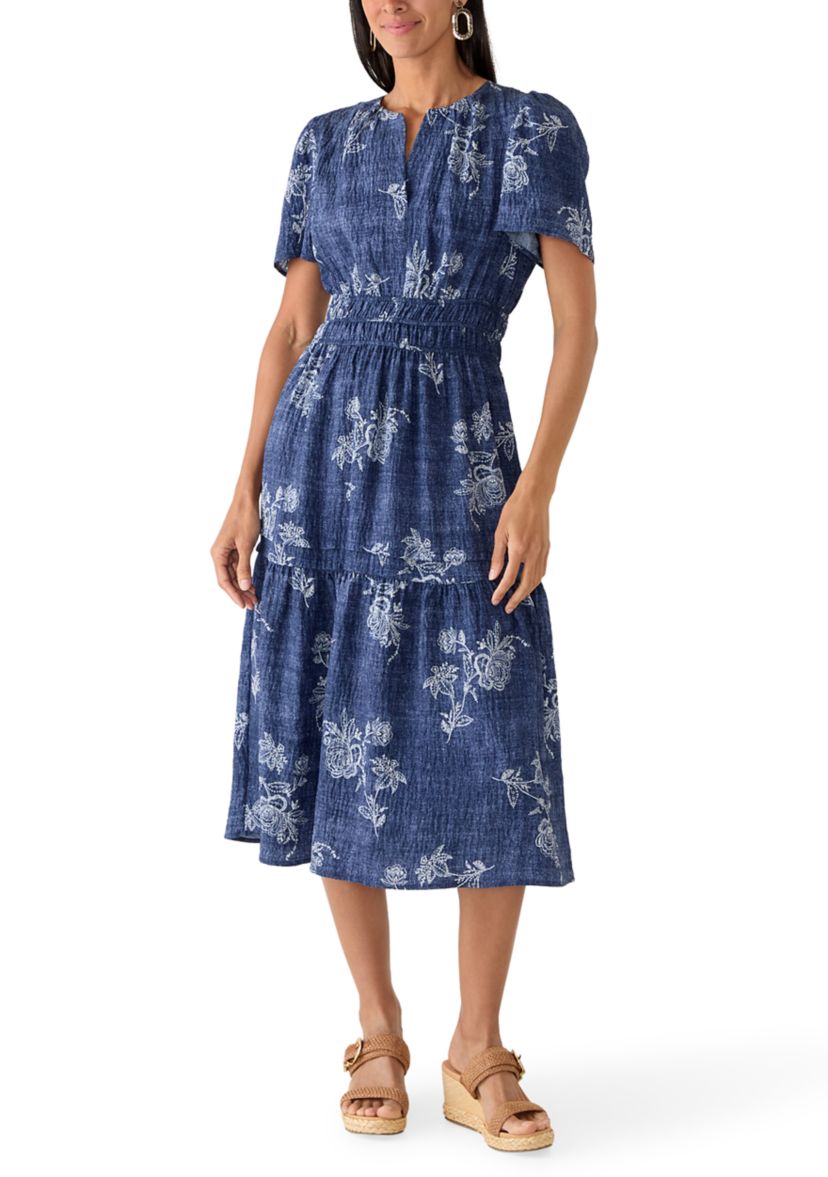womens chambray midi dress Reclaimed Vintage chambray denim midi dress with shirring details in mid  blue