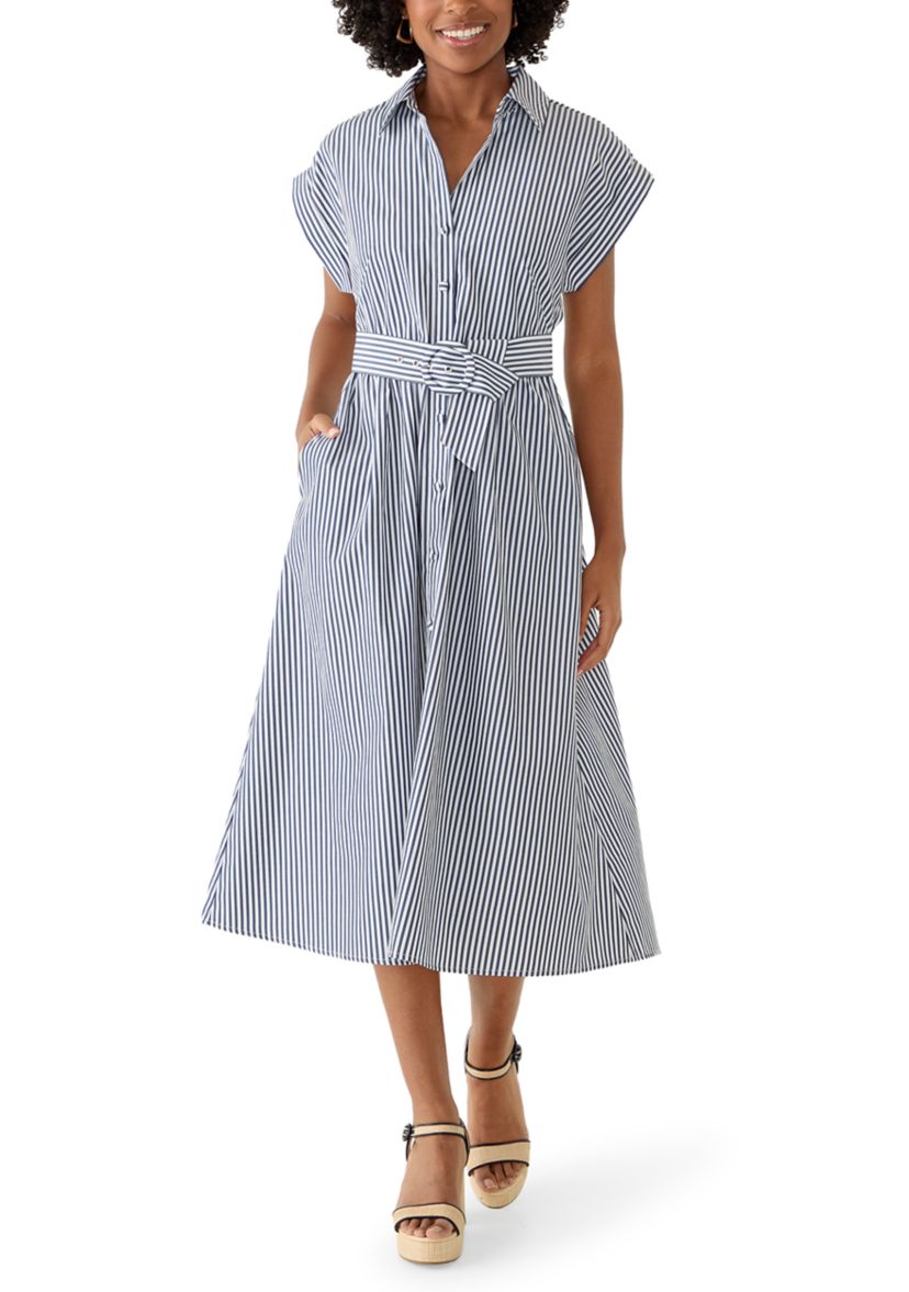 ladies striped dress maxi with leather tab in Blu / White for Women and midi length make this an easy breezy dress for the office Tommy Hilfiger Women's Cotton Striped