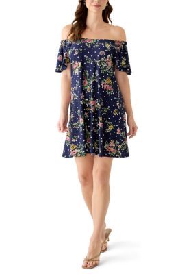Robbie Bee Women's Ditsy Floral Print Shift Mini Dress, Navy Blue, XL
