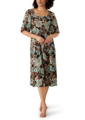 Robbie Bee Women's Short Sleeve Printed Crepe A-Line Midi Dress, XL