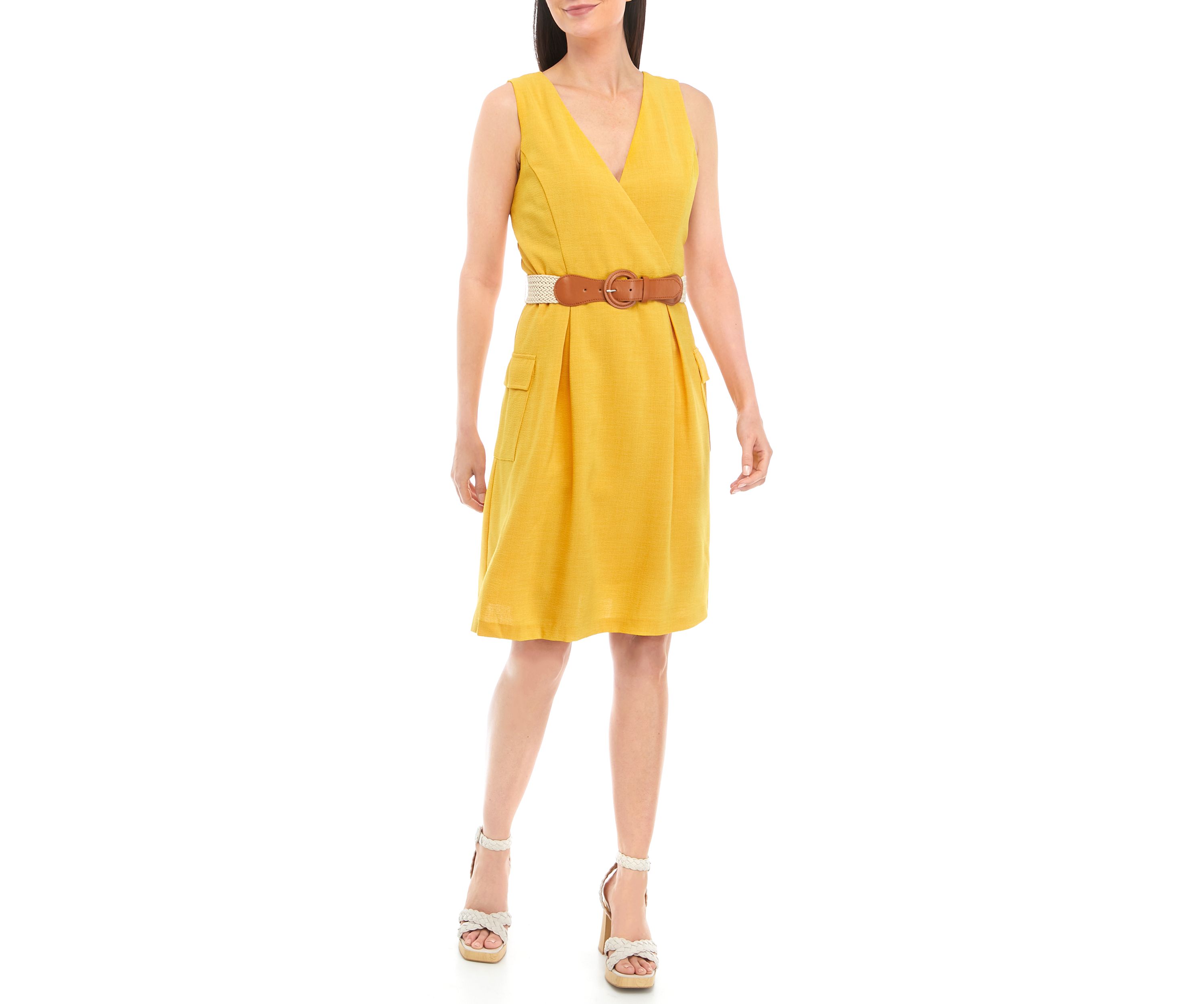 Womens Sleeveless V-Neck Belted Solid Fit and Flare Dress