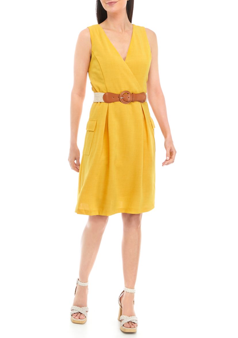 Womens Sleeveless V-Neck Belted Solid Fit and Flare Dress