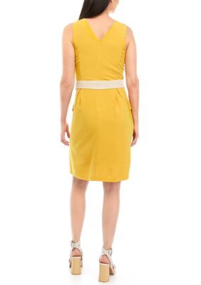 Women's Sleeveless V-Neck Belted Solid Fit and Flare Dress