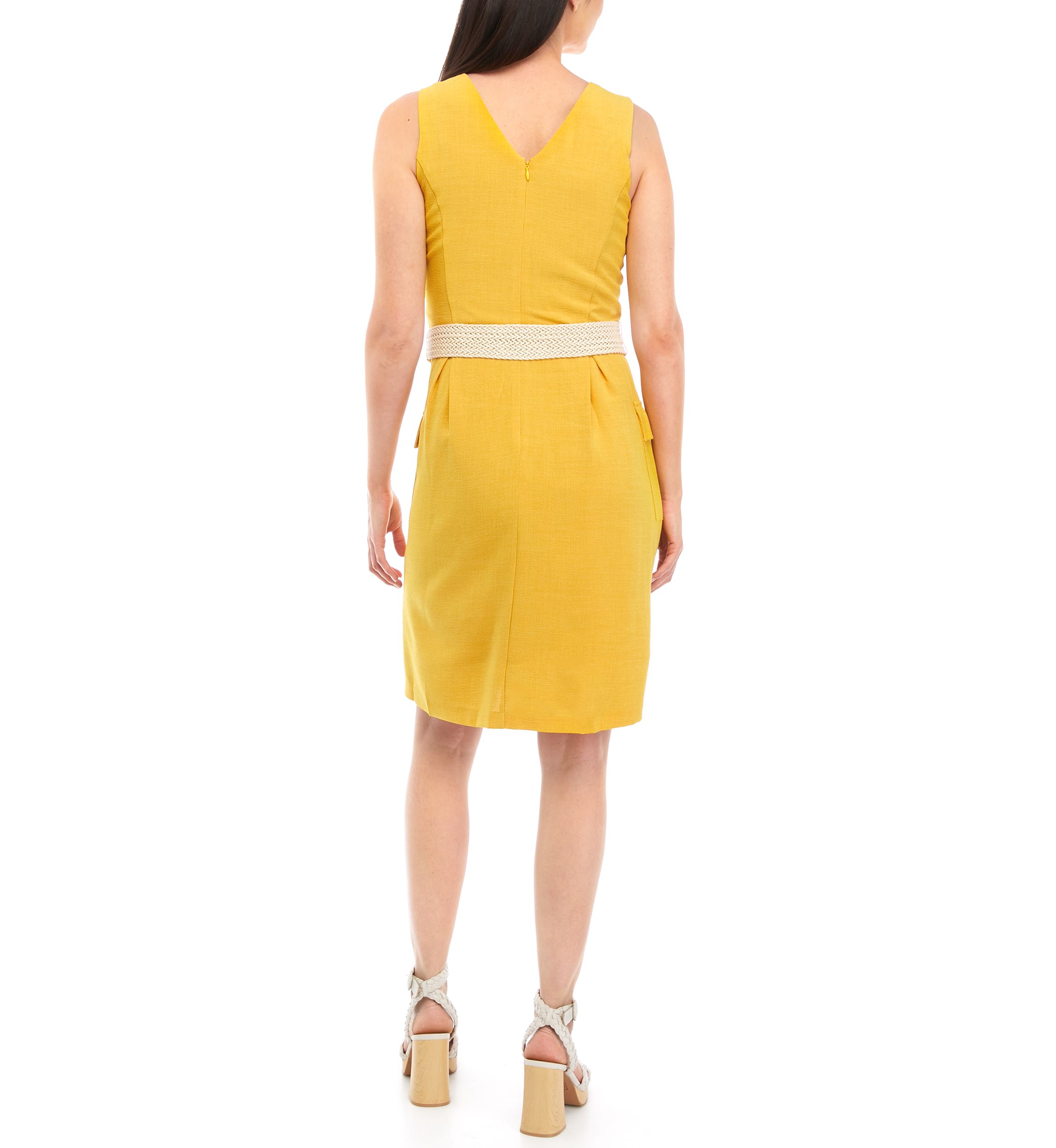 Womens Sleeveless V-Neck Belted Solid Fit and Flare Dress