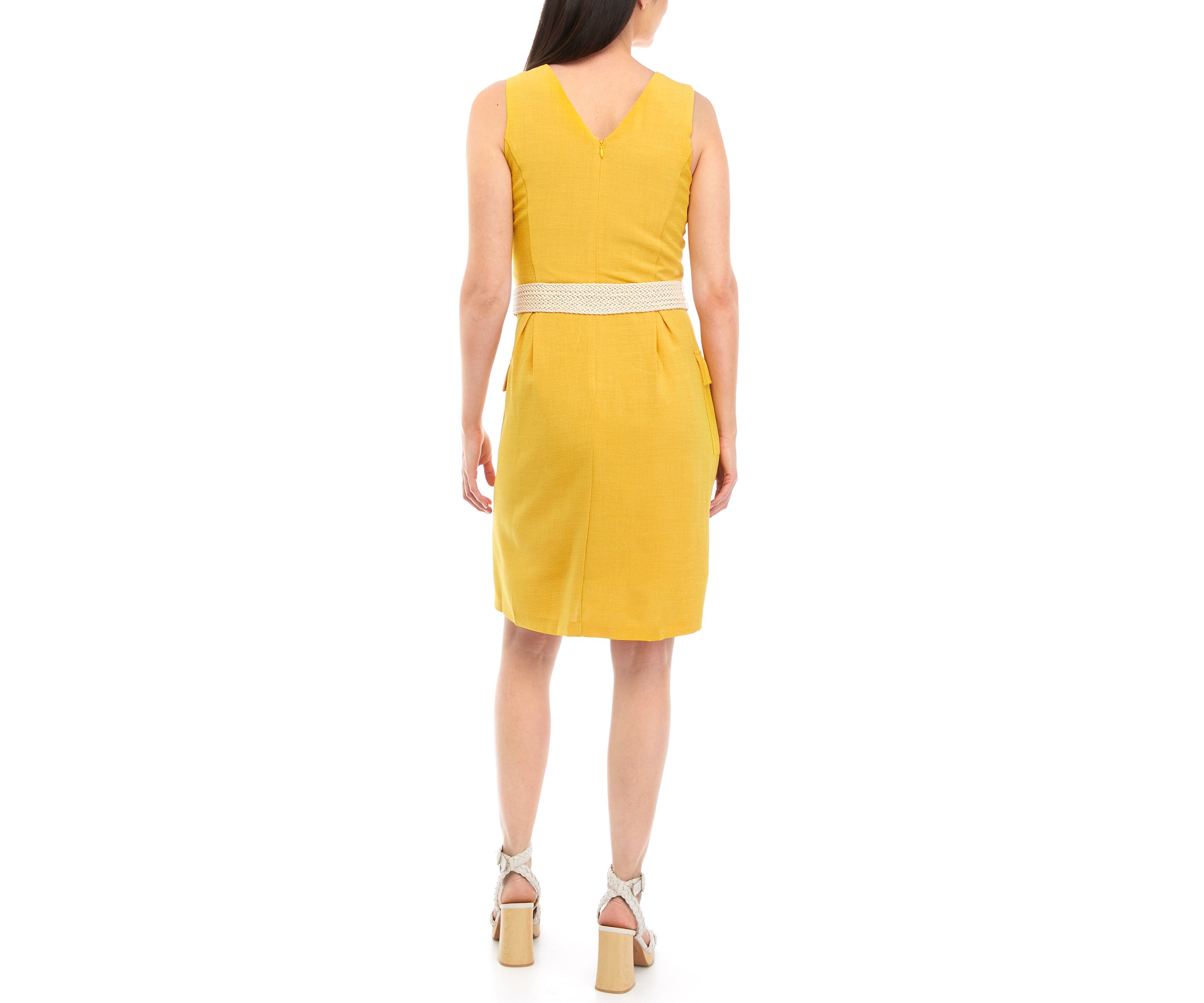 Womens Sleeveless V-Neck Belted Solid Fit and Flare Dress
