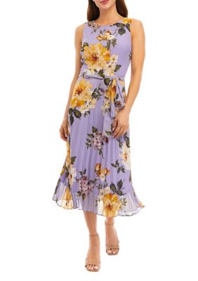 Women's Sleeveless Floral Printed Pleated Skirt Chiffon Midi Dress