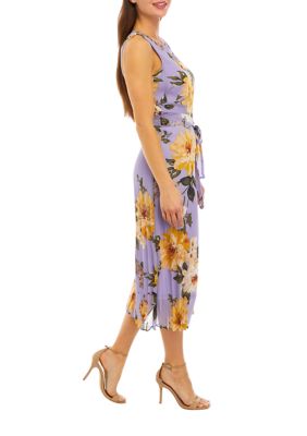 Women's Sleeveless Floral Printed Pleated Skirt Chiffon Midi Dress