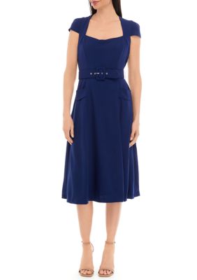 Women's Short Sleeve Square Neck Solid Belted Midi Dress
