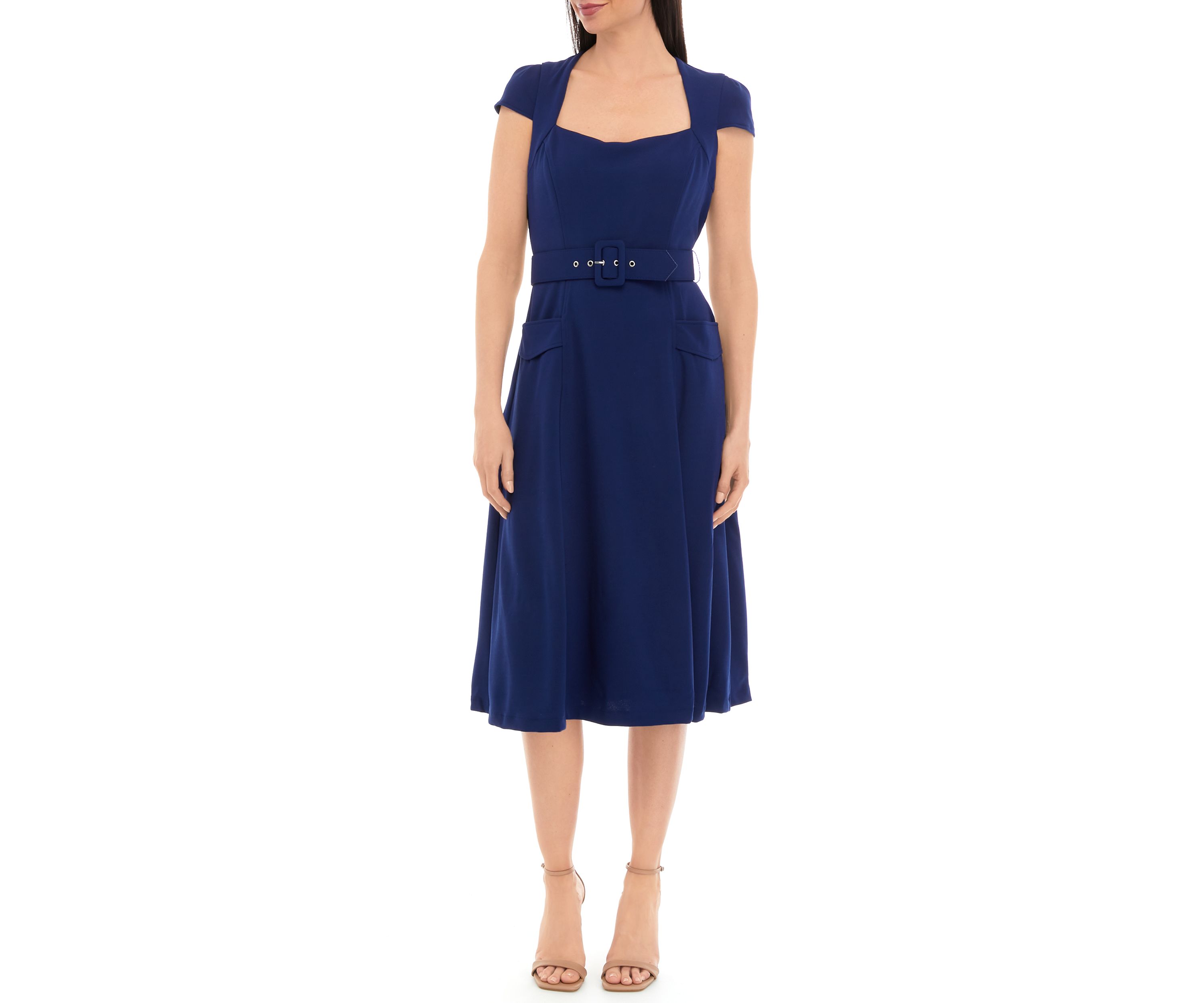 Womens Short Sleeve Square Neck Solid Belted Midi Dress