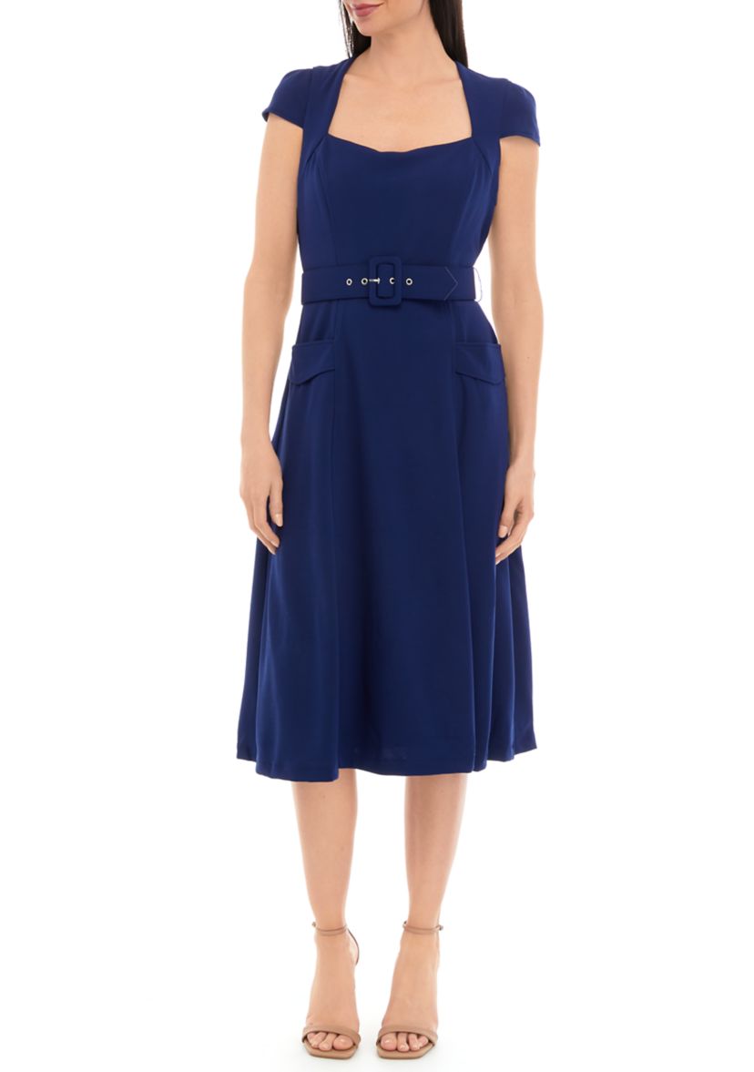 Womens Short Sleeve Square Neck Solid Belted Midi Dress