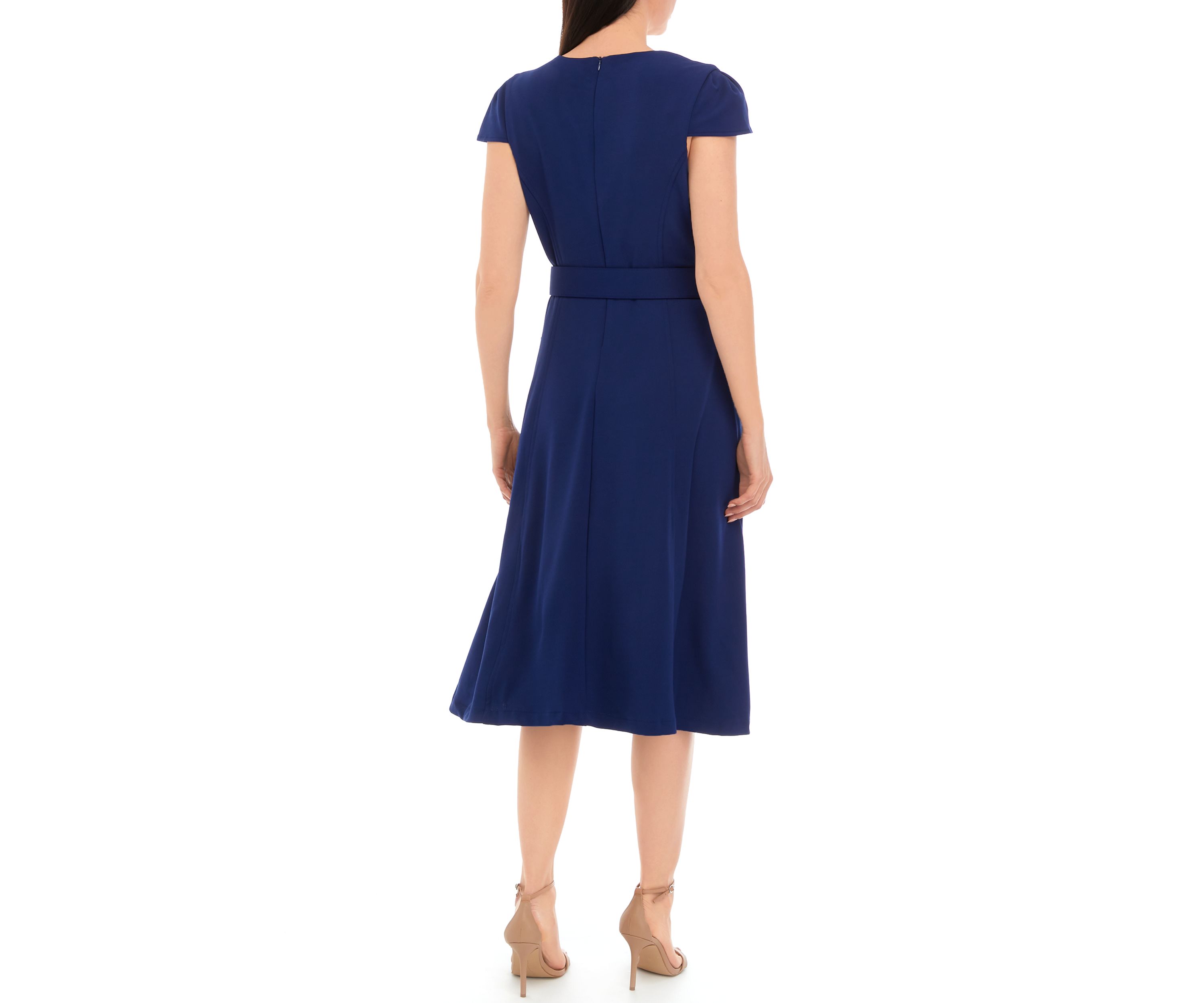 Womens Short Sleeve Square Neck Solid Belted Midi Dress