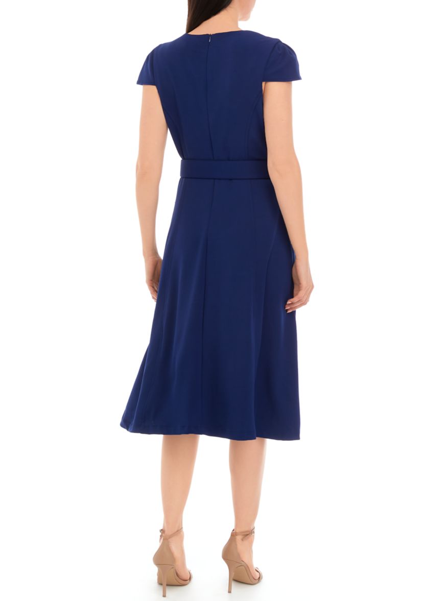 Womens Short Sleeve Square Neck Solid Belted Midi Dress