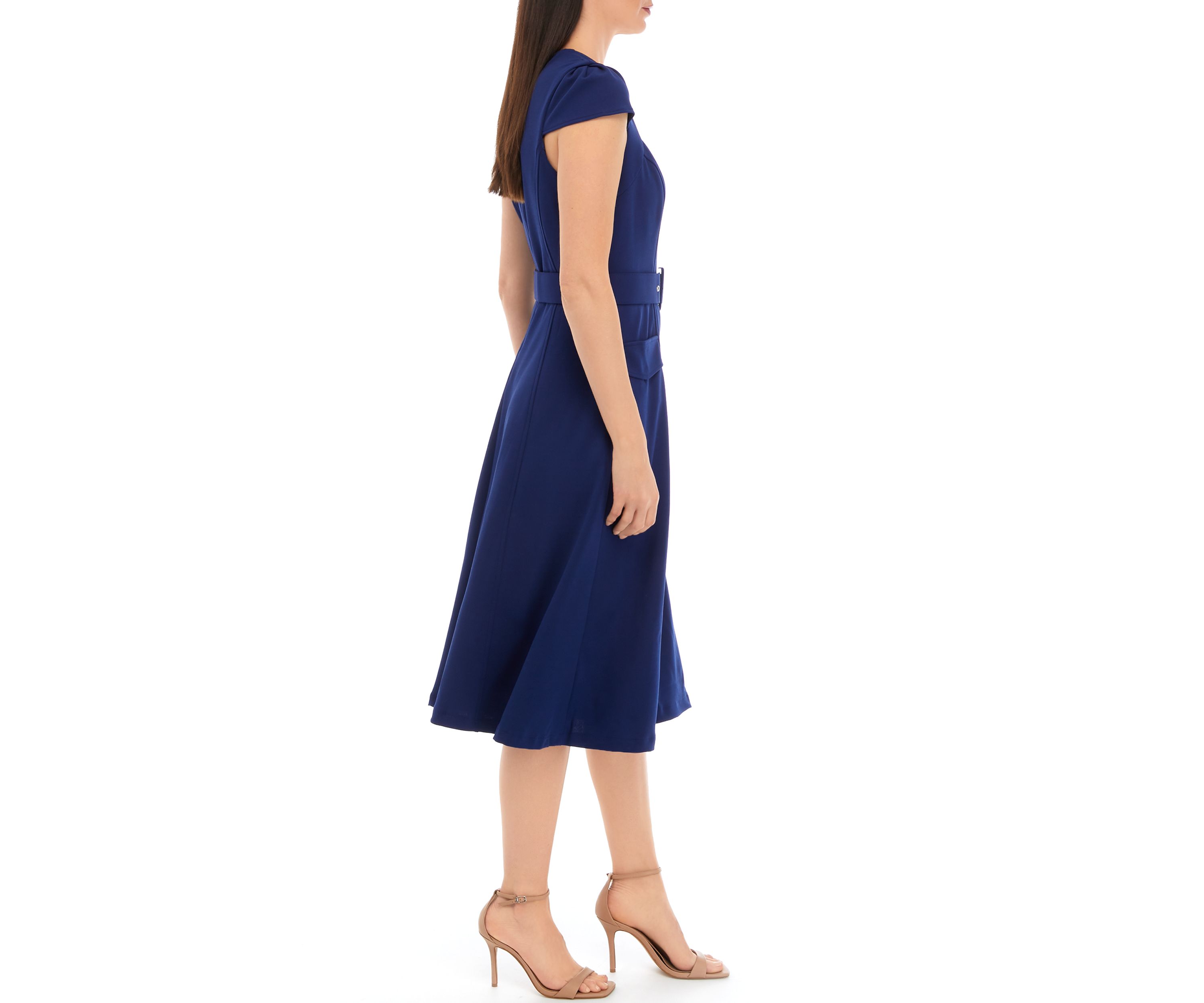 Womens Short Sleeve Square Neck Solid Belted Midi Dress