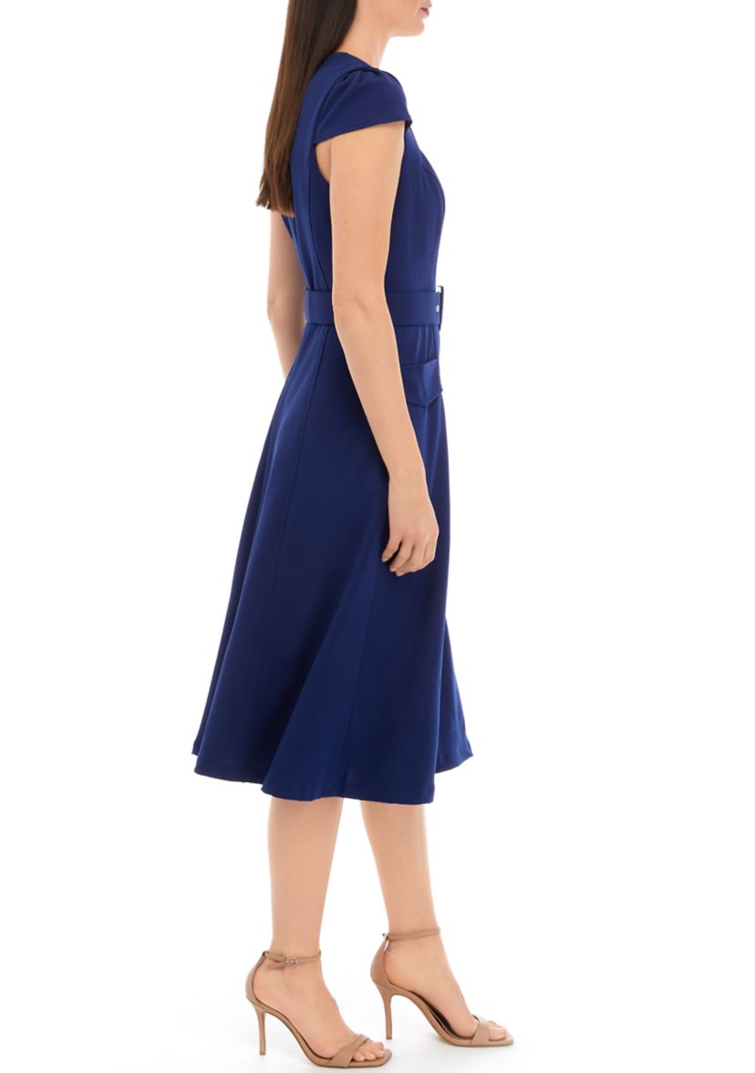 Womens Short Sleeve Square Neck Solid Belted Midi Dress