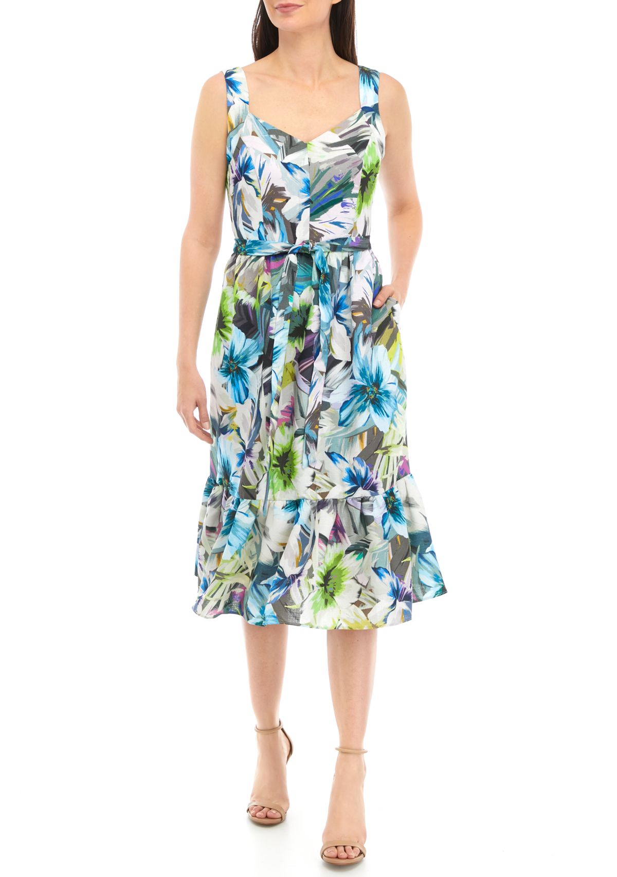Womens Sleeveless Tie Waist Printed Fit and Flare Dress