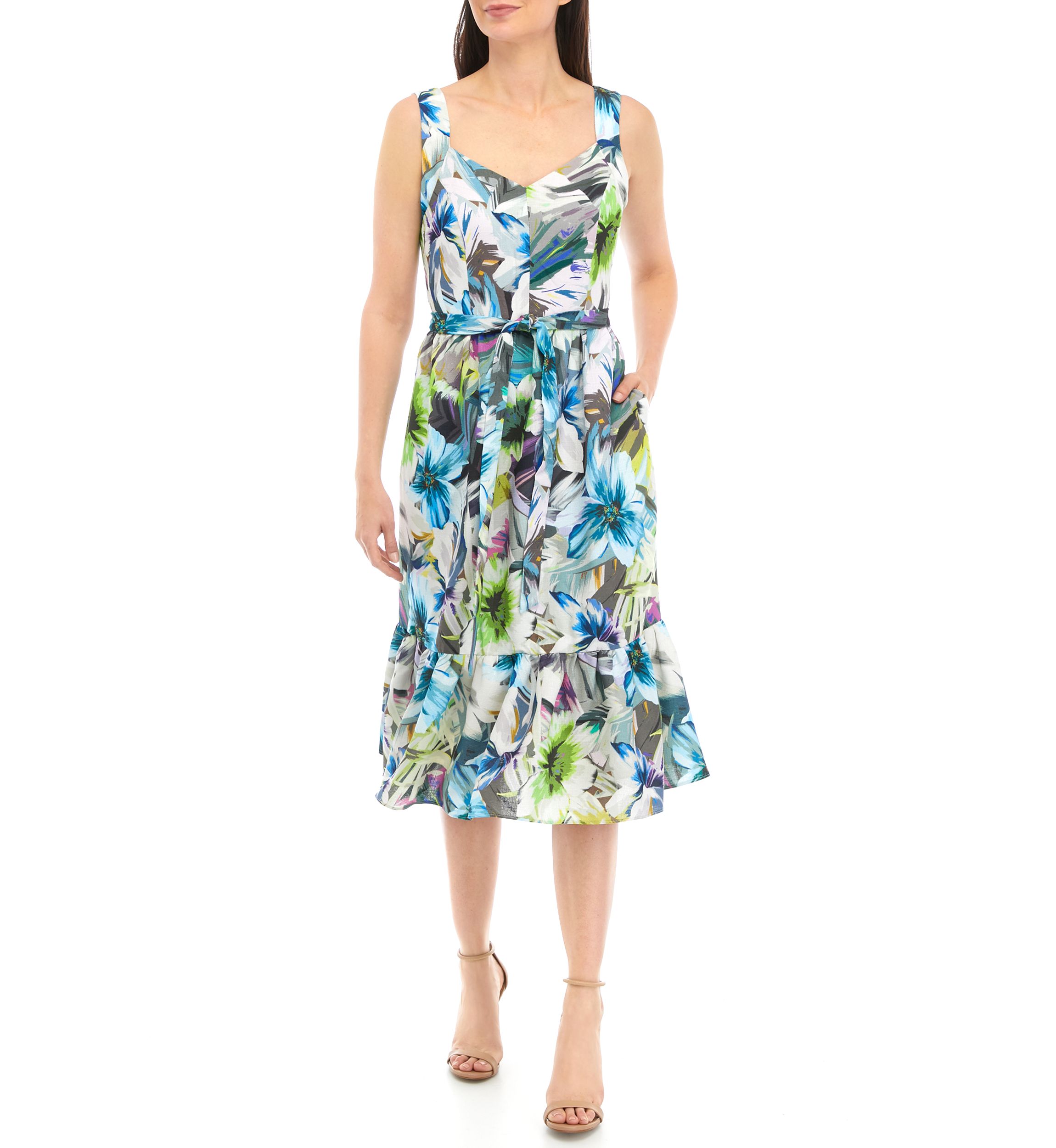 Womens Sleeveless Tie Waist Printed Fit and Flare Dress