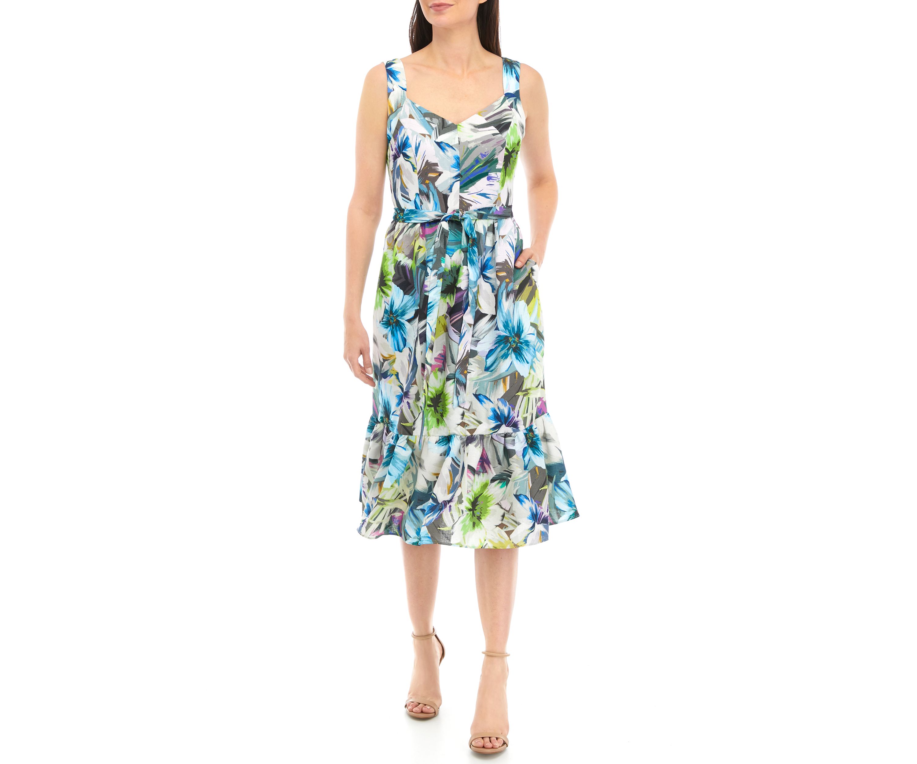 Womens Sleeveless Tie Waist Printed Fit and Flare Dress
