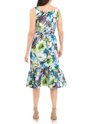 Women's Sleeveless Tie Waist Printed Fit and Flare Dress